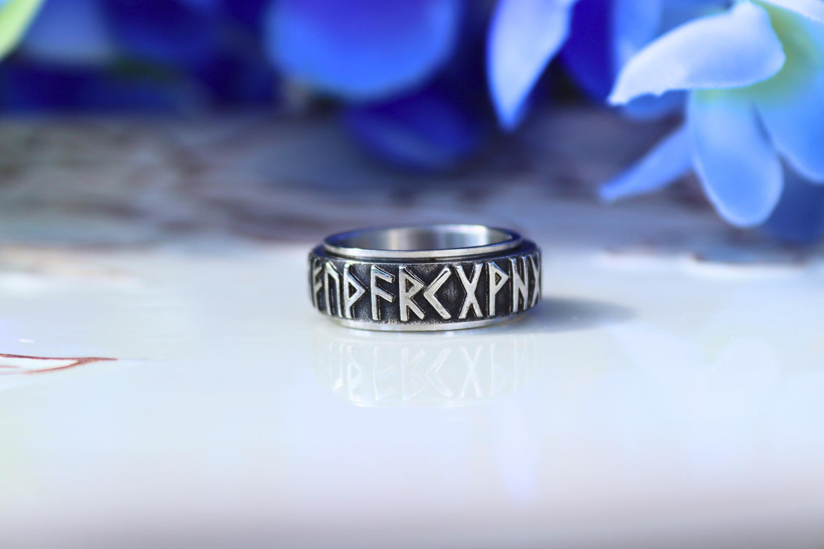 Viking Rune Ring - Ancient Viking Ring For Men - Nordic Runes Ring, Black Viking Norse Ring