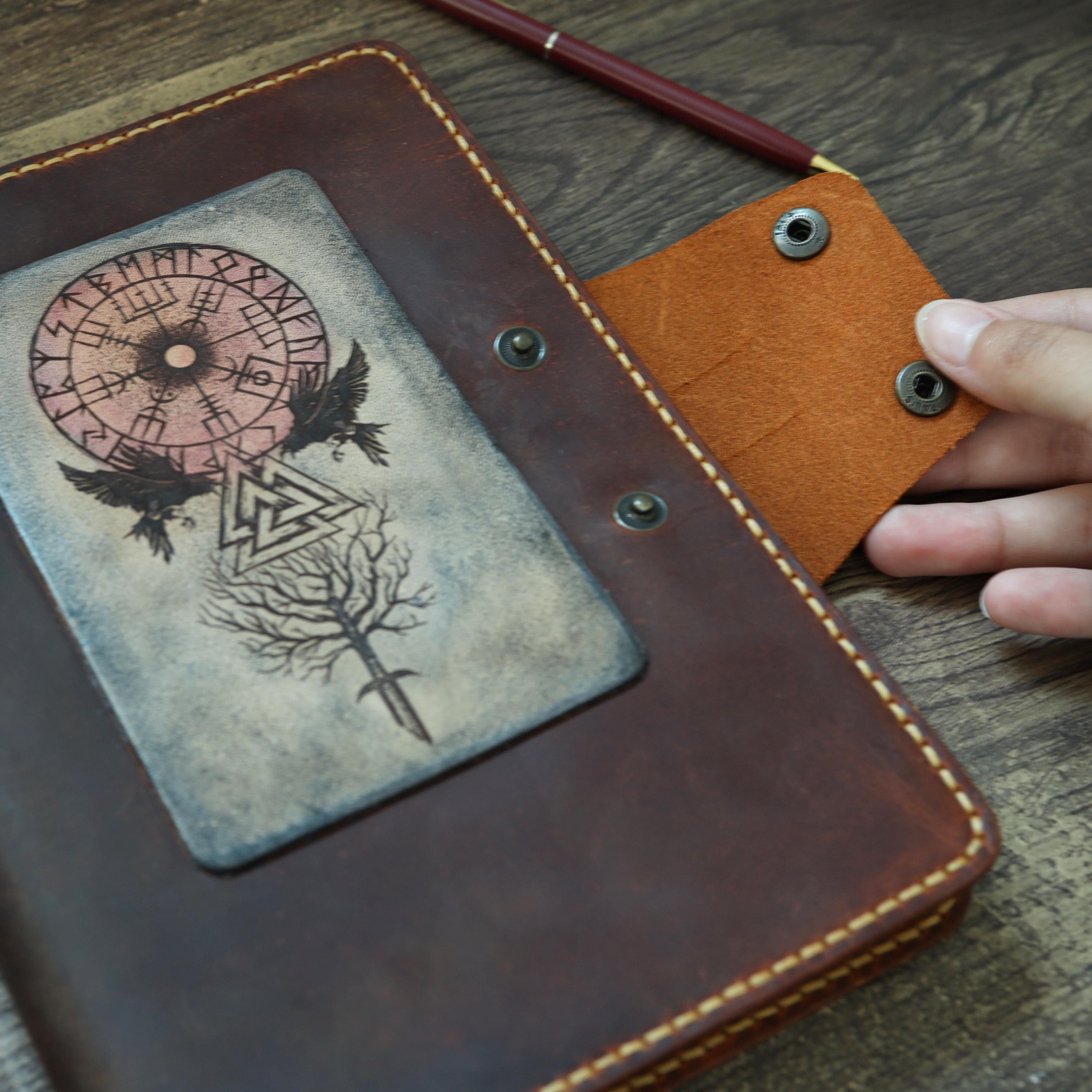 Viking Leather Accessory - Personalised Leather Journal: Refillable A5 Viking Norse Design, Camel