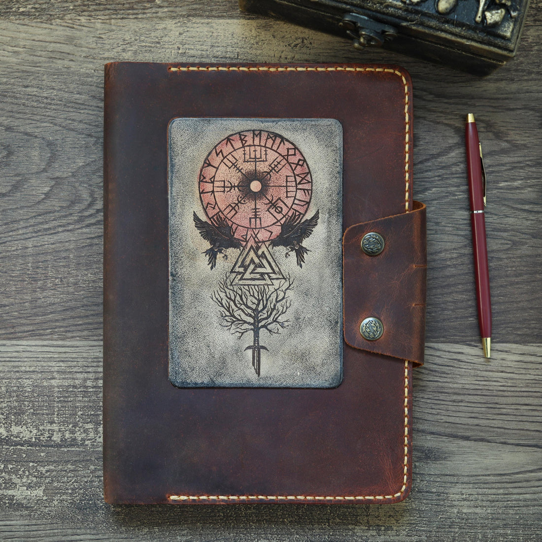 Viking Leather Accessory - Personalised Leather Journal: Refillable A5 Viking Norse Design, Camel