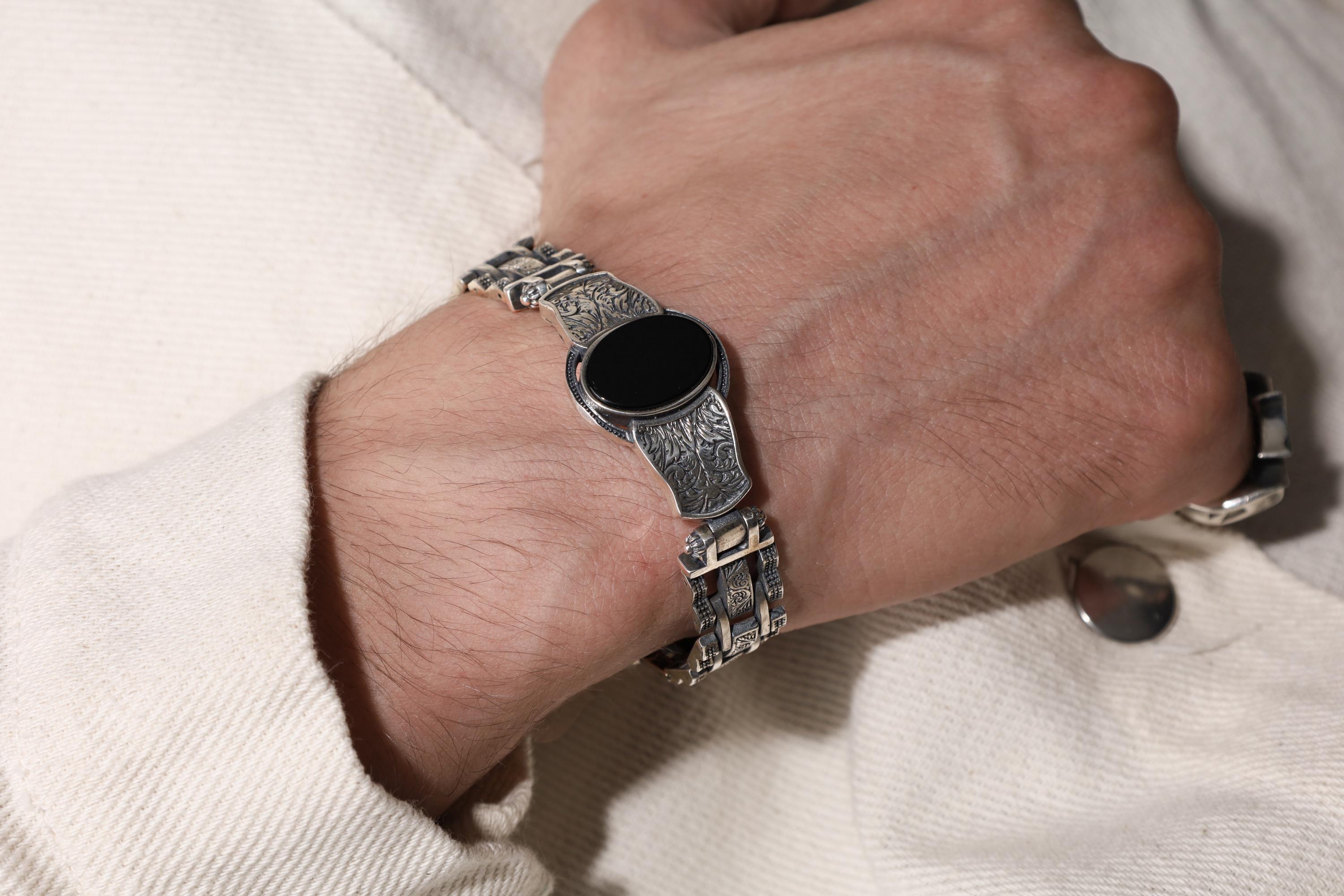 Viking Bracelet - Mens Leather Cuff Bracelet, Celtic Engraved Sterling Silver Braided Viking Norse