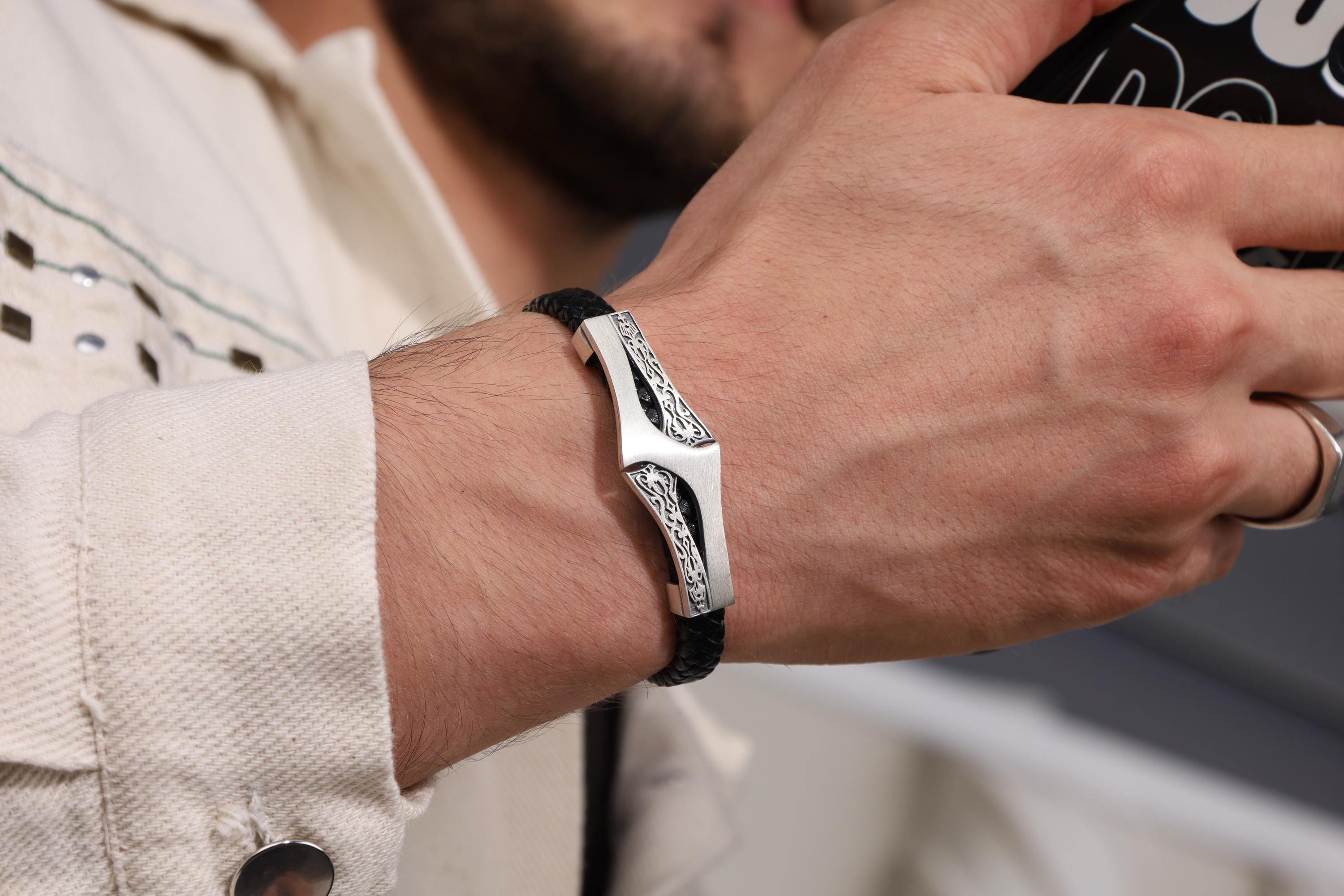 Viking Bracelet - Mens Leather Cuff Bracelet, Celtic Engraved Sterling Silver Braided Viking Norse