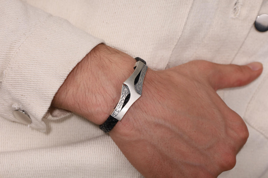 Viking Bracelet - Mens Leather Cuff Bracelet, Celtic Engraved Sterling Silver Braided Viking Norse