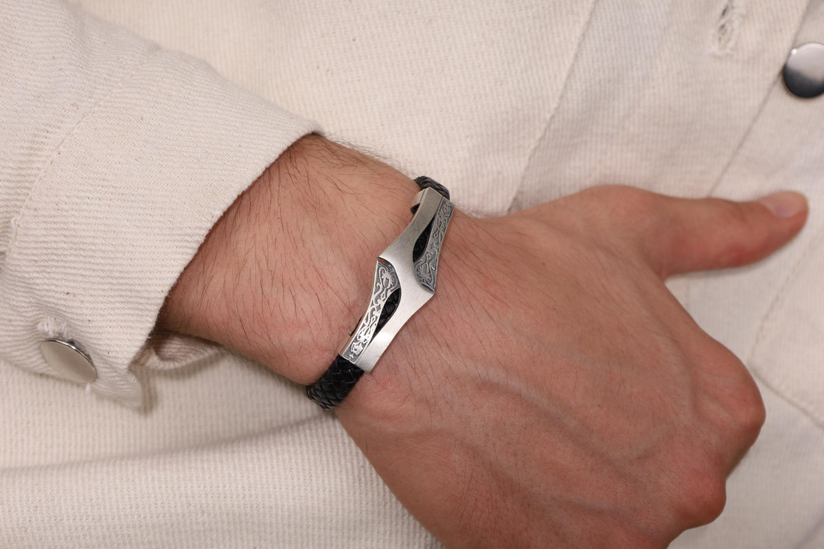 Viking Bracelet - Mens Leather Cuff Bracelet, Celtic Engraved Sterling Silver Braided Viking Norse