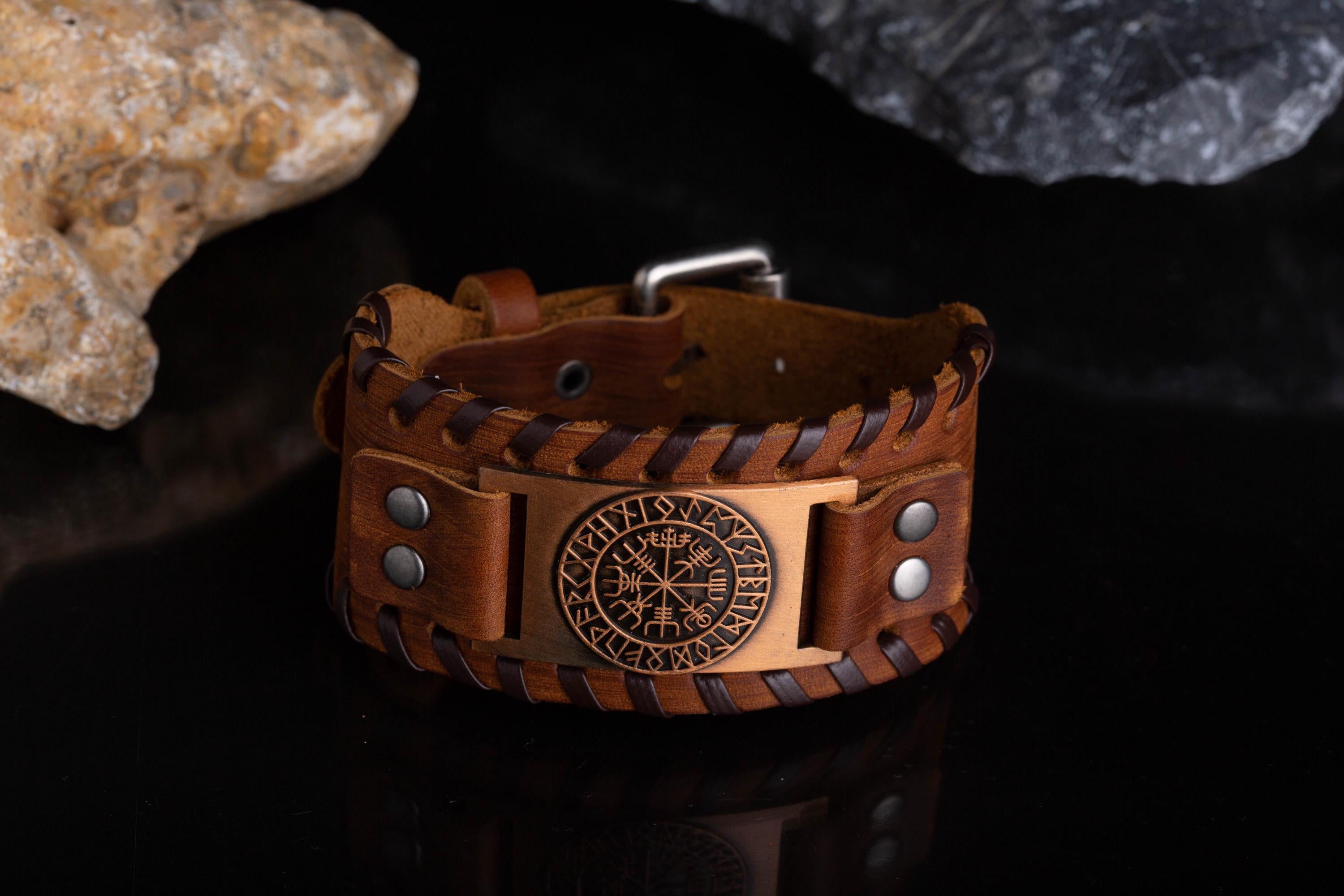 Viking Rune Bracelet - Nordic Viking Vintage Compass Leather Bracelet, Titanium Steel Viking Rune
