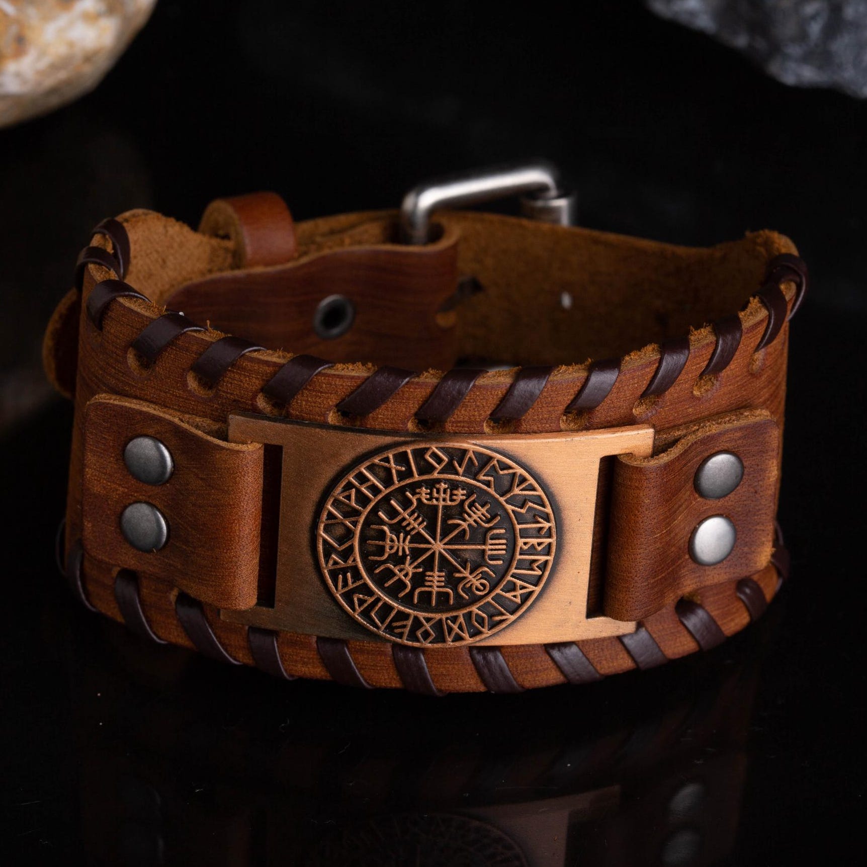 Viking Bracelet - Viking compass leather bracelet for men Norse pagan cuff bracelets Nordic jewelry