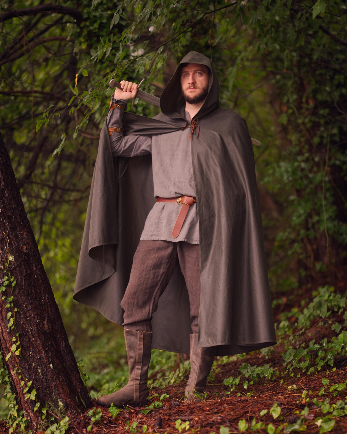 Viking Jacket - Dark Green Leather Hooded Poncho, Medieval Fantasy Cape, Viking Cloak, Renaissance