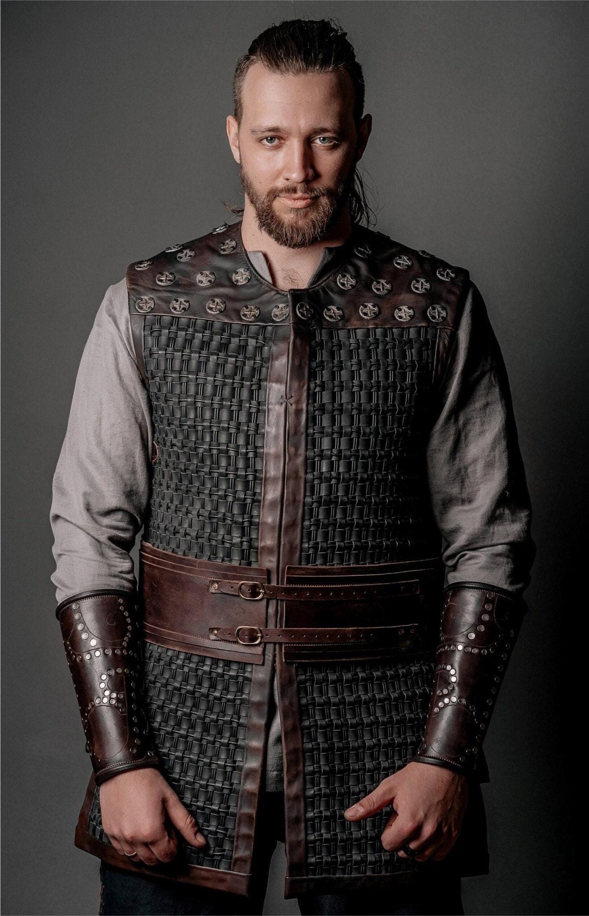 Viking Jacket - Viking Leather Vest Fur Collar Armor Medieval Norse Warrior Costume LARP Leather