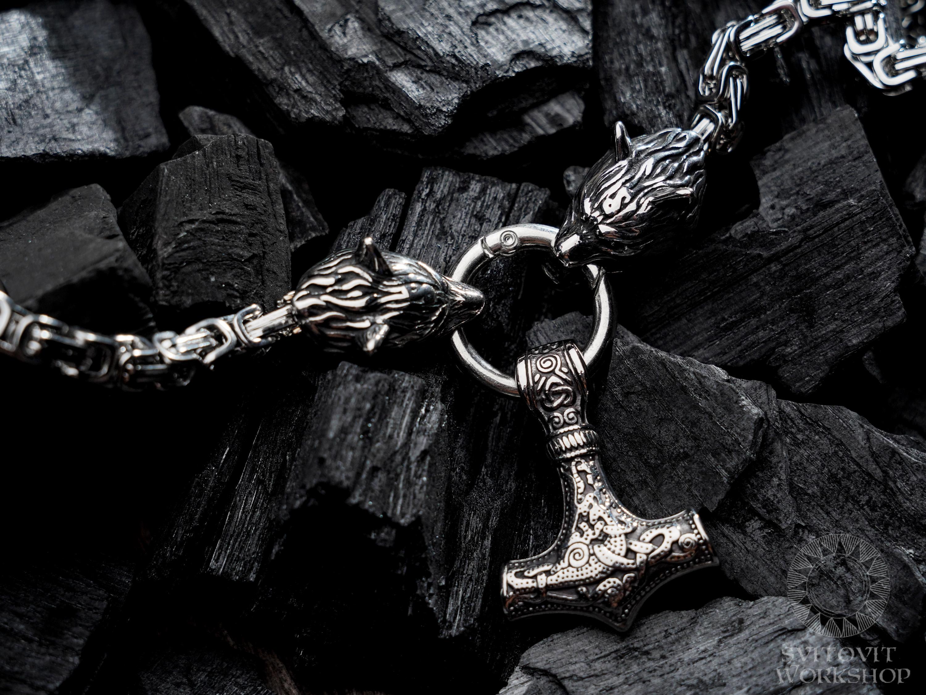 Viking Thor's Hammer Necklace - Mjolnir Necklace, Wolf Chain, Fenrir Amulet, Handmade Viking