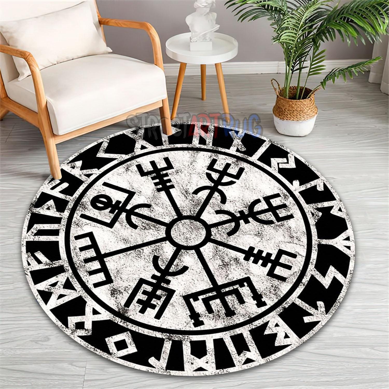 Viking Vegvisir Compass Rug - Round Viking Vegvisir Rug, Norse Compass Area Rug, Celtic Knot Nordic