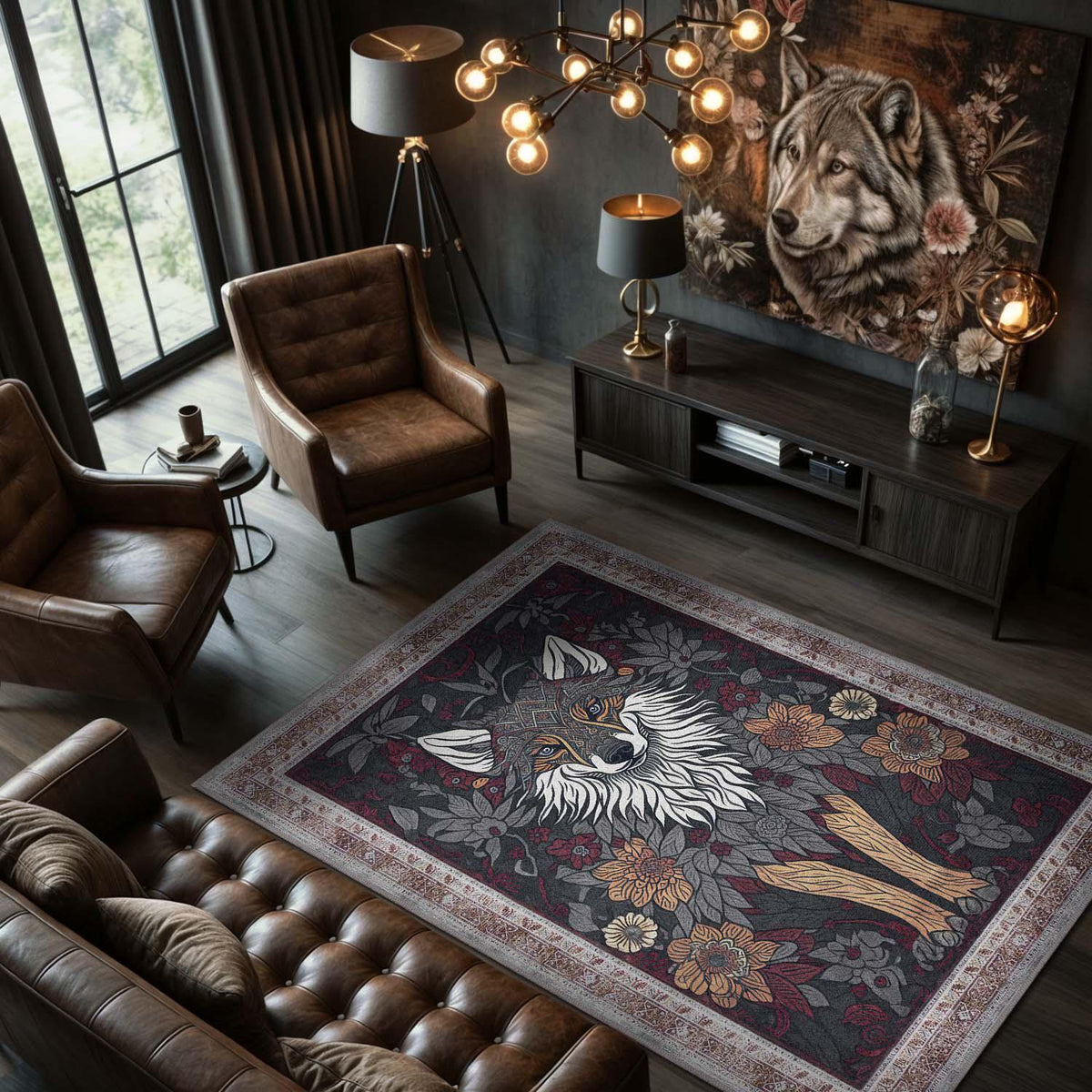 Viking Wolf Rug - Celtic Wolf Knot Rug Viking Nordic Symbol Art Carpet Dark Mythic Tribal Decor