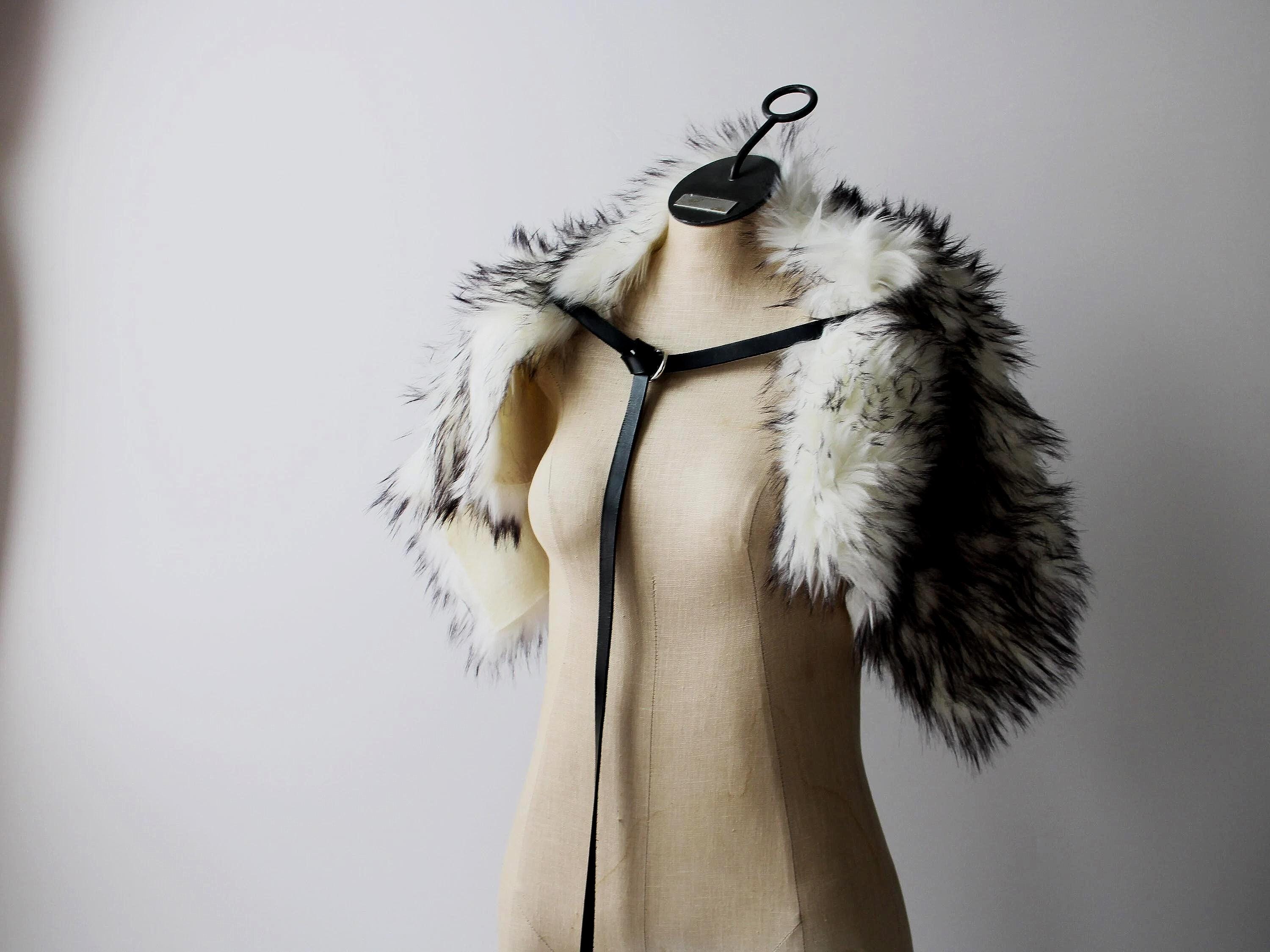 Viking Wolf Jacket - Stonewolf Grey Fur Shoulder Wrap with Leather Chest Straps, Imitation Fur Pelt