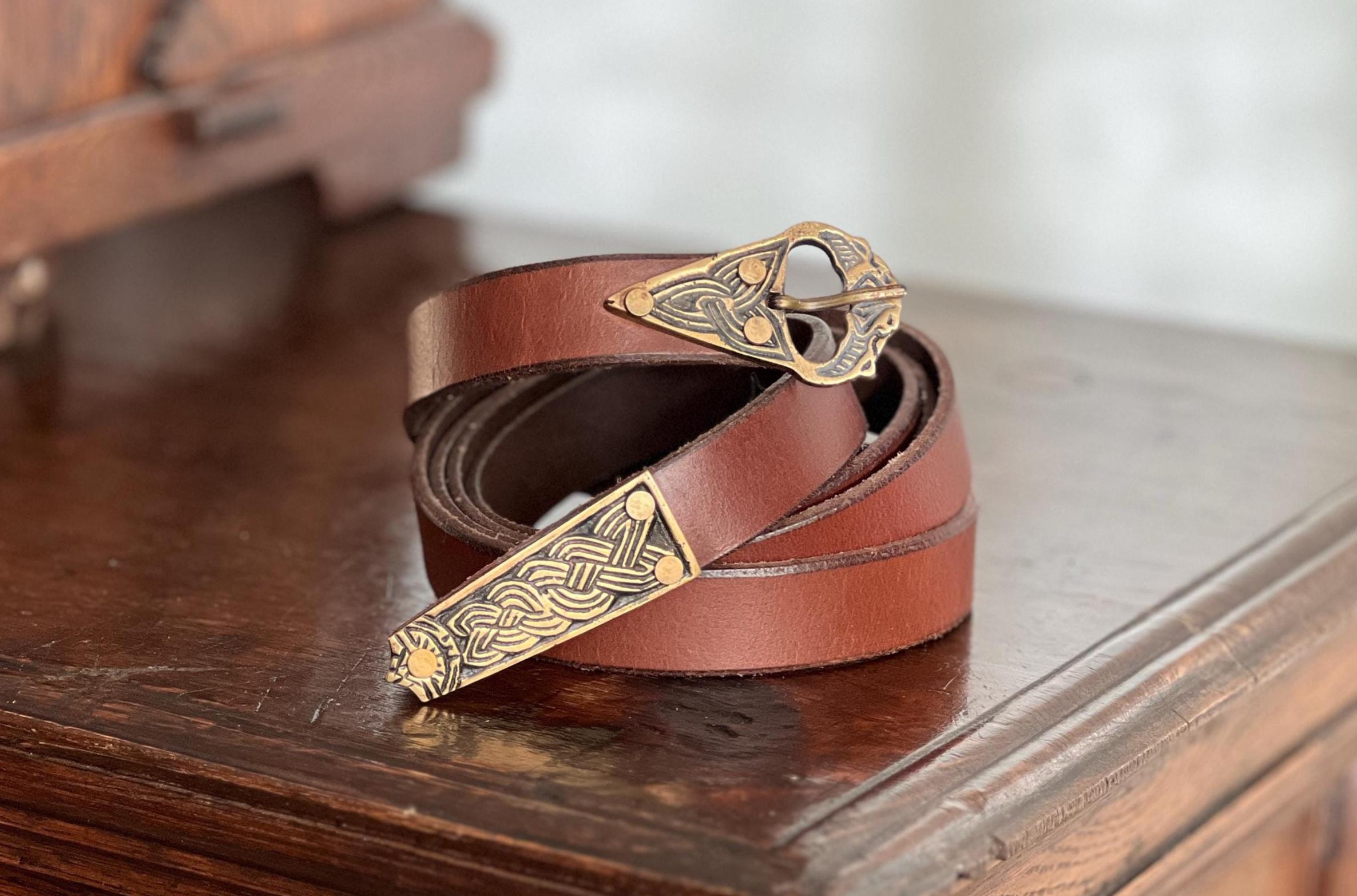 Viking Leather Accessory - Embossed Viking belt from brown or black 3, 2mm leather, with bronze