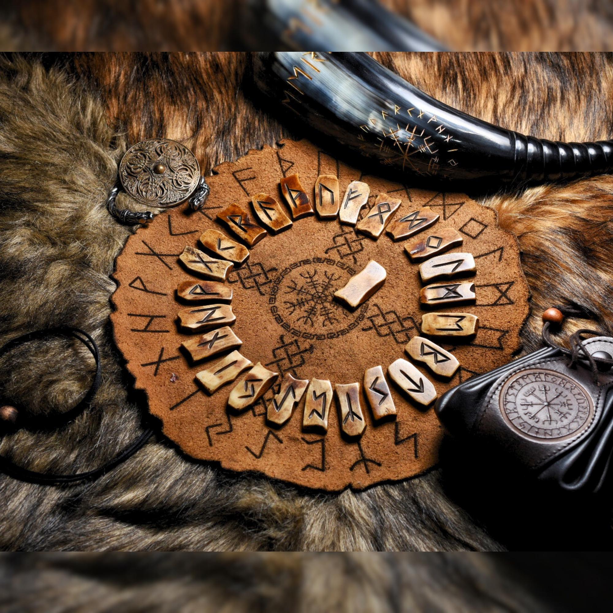 Viking Rune Home Decor - Handcrafted Viking Bone Rune Divination Kit with Leather Mat & Elder