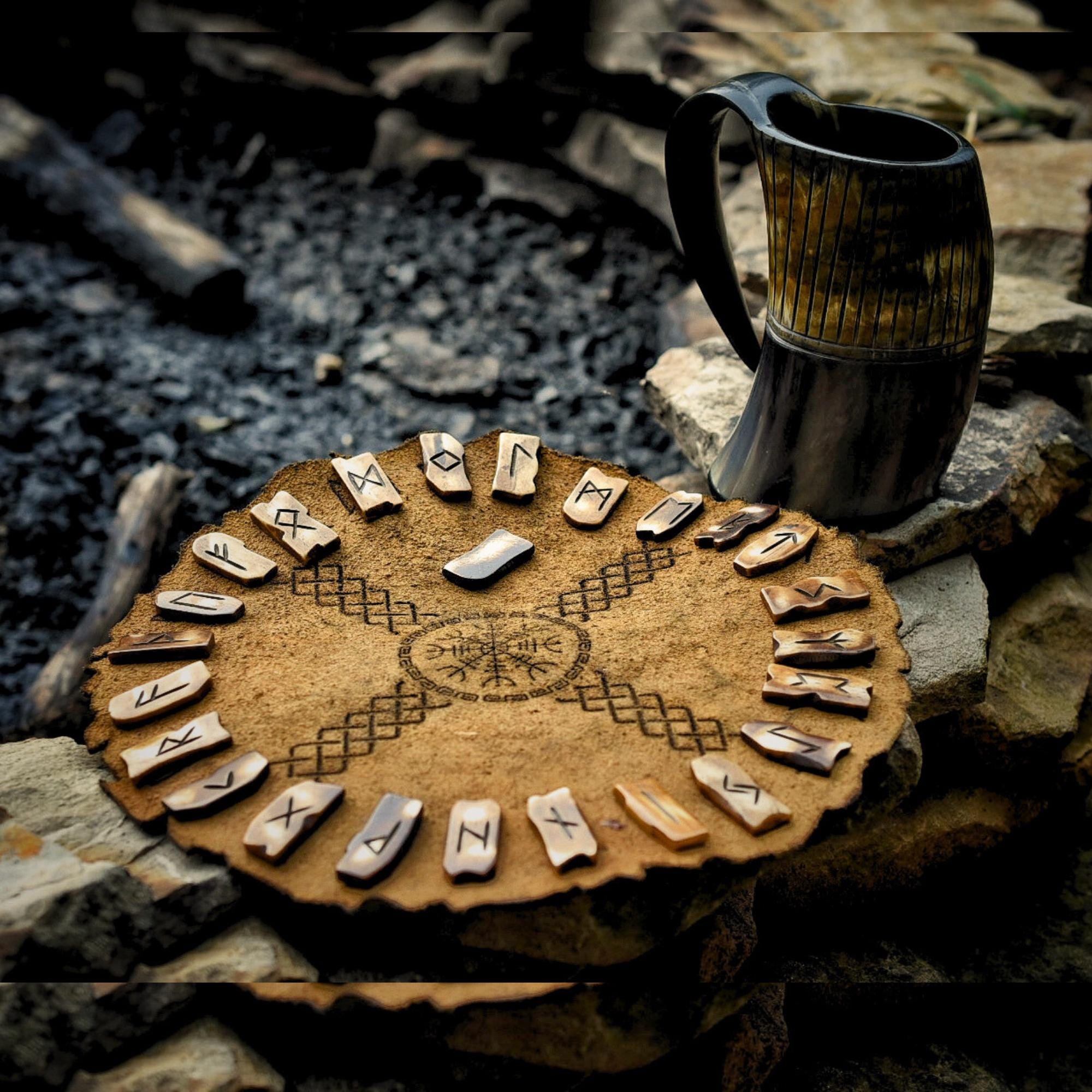 Viking Rune Home Decor - Handcrafted Viking Bone Rune Divination Kit with Leather Mat & Elder