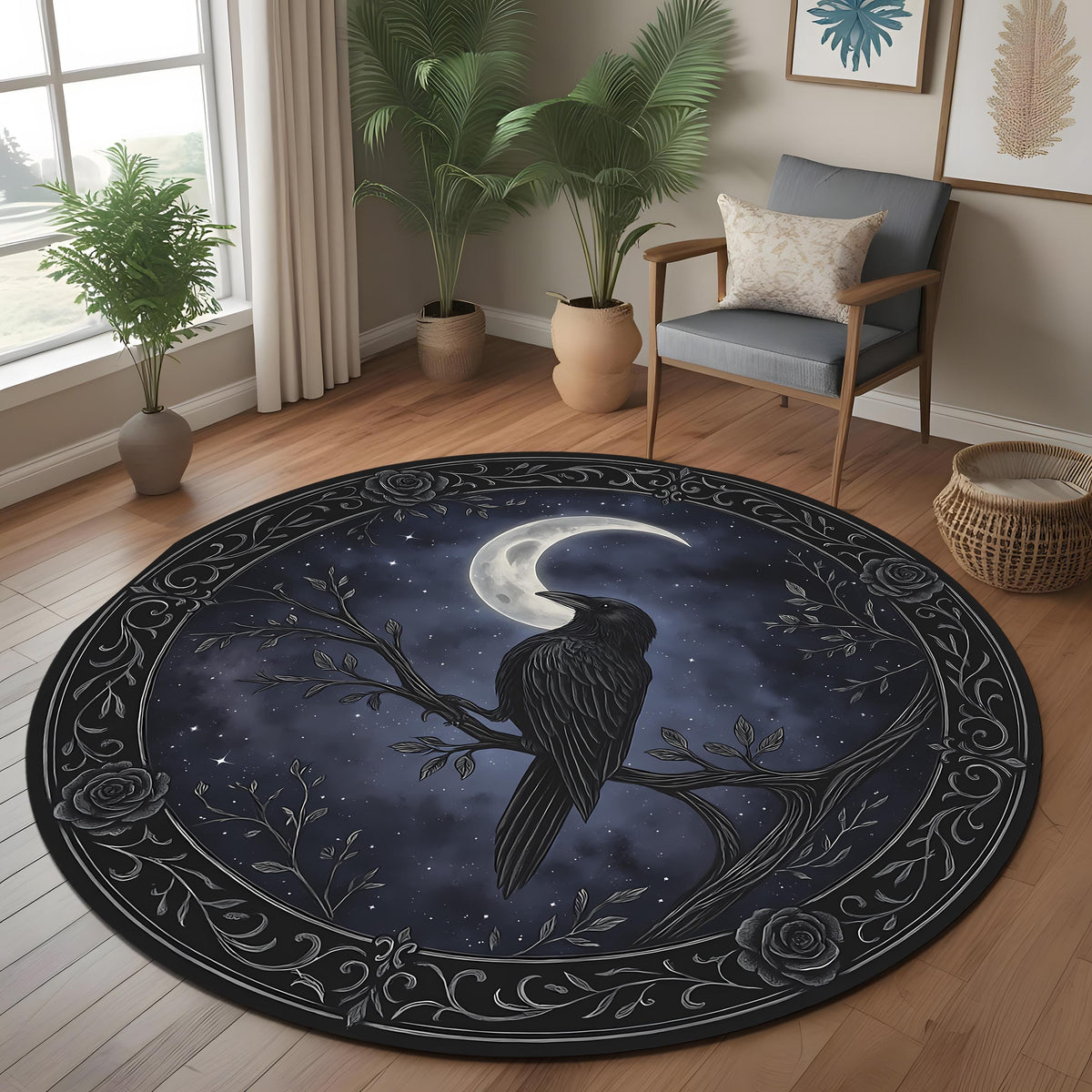 Viking Raven Rug - Viking Raven Round Rug, Norse Rune Circle Carpet, Celtic Knot Boho Gothic Decor