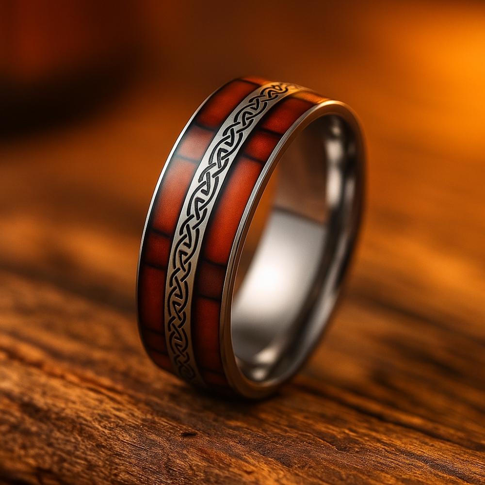 Viking Ring - Celtic Knot Titanium Ring, Wood Grain Wedding Band, Men's Rustic Engagement Ring