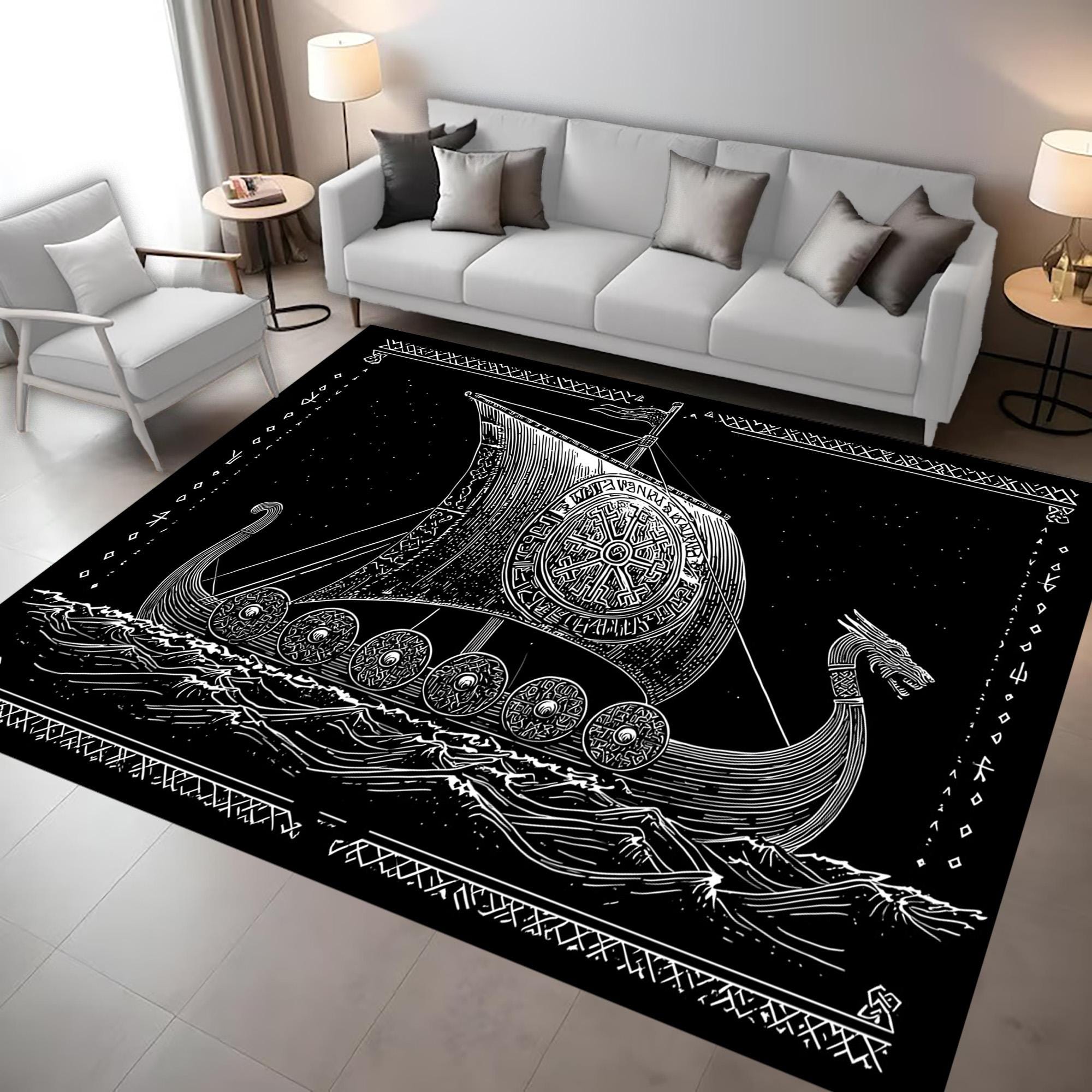 Viking Longship Rug - Viking Longship Runner Rug: Norse Dragon Boat Design, Ancient Warrior Symbol