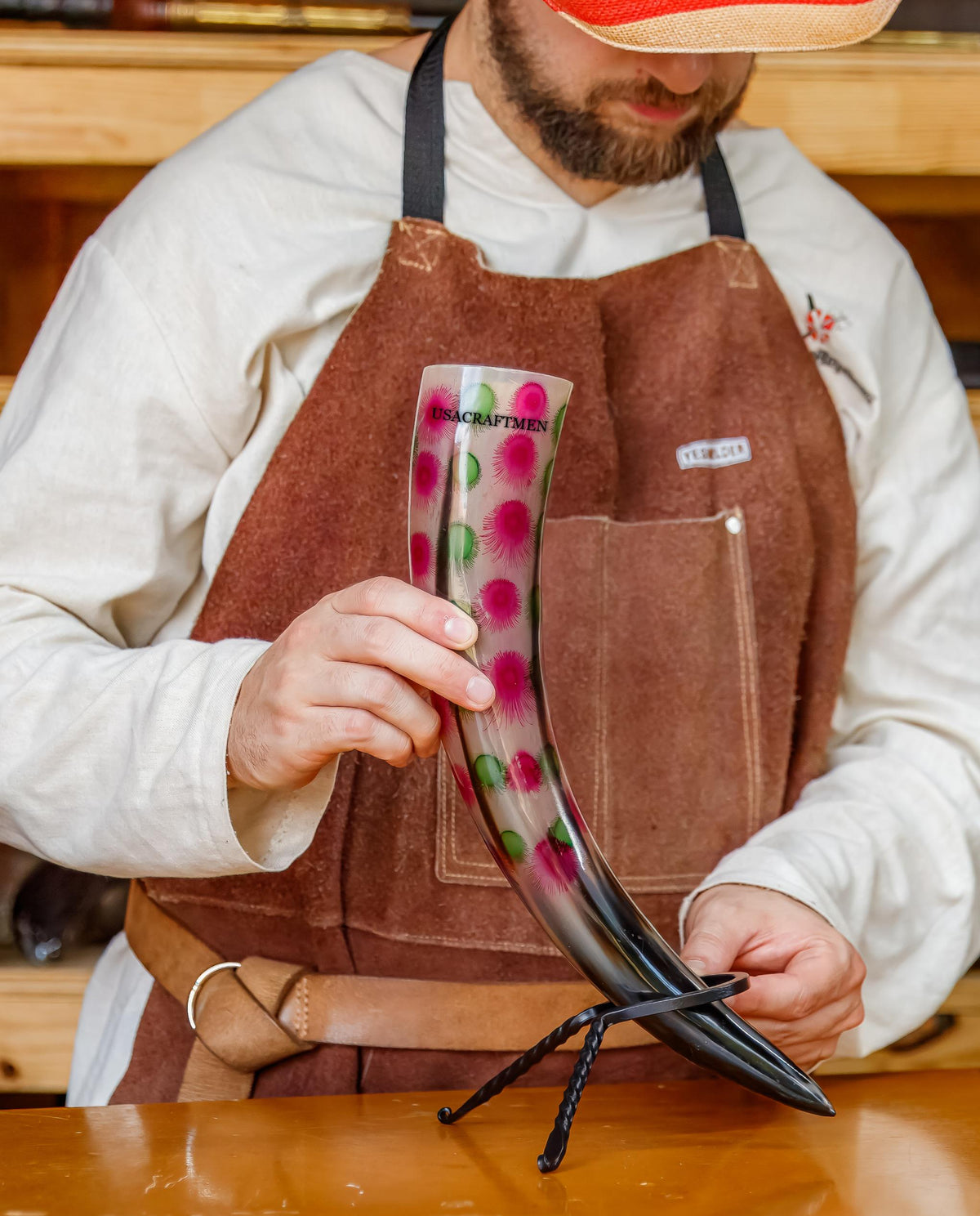 Viking Mug - SCA Viking Fireworks Print Drinking Horn w/ Leather Holster Fireworks Party Sparklers