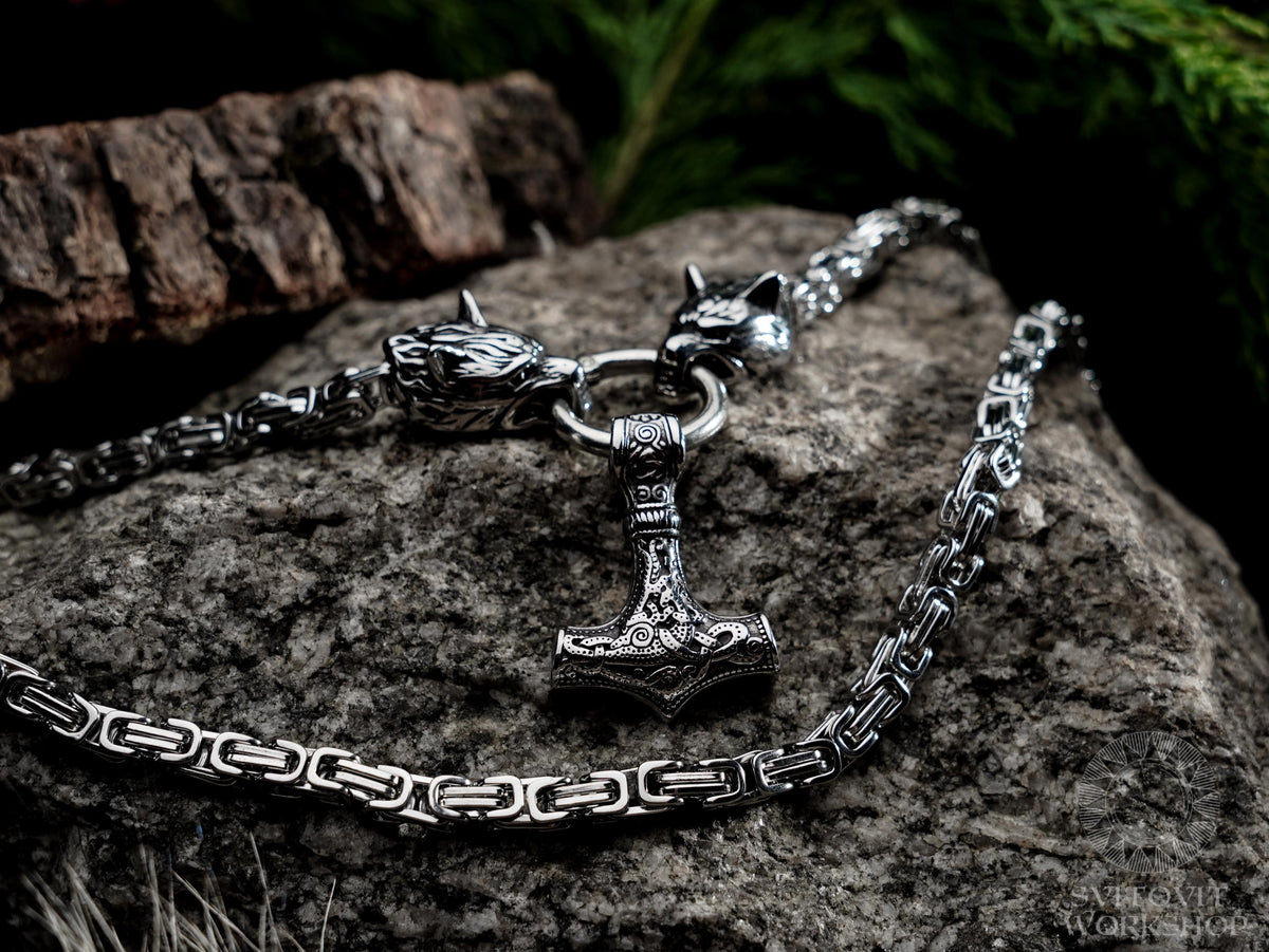 Viking Thor's Hammer Necklace - Mjolnir Necklace, Wolf Chain, Fenrir Amulet, Handmade Viking