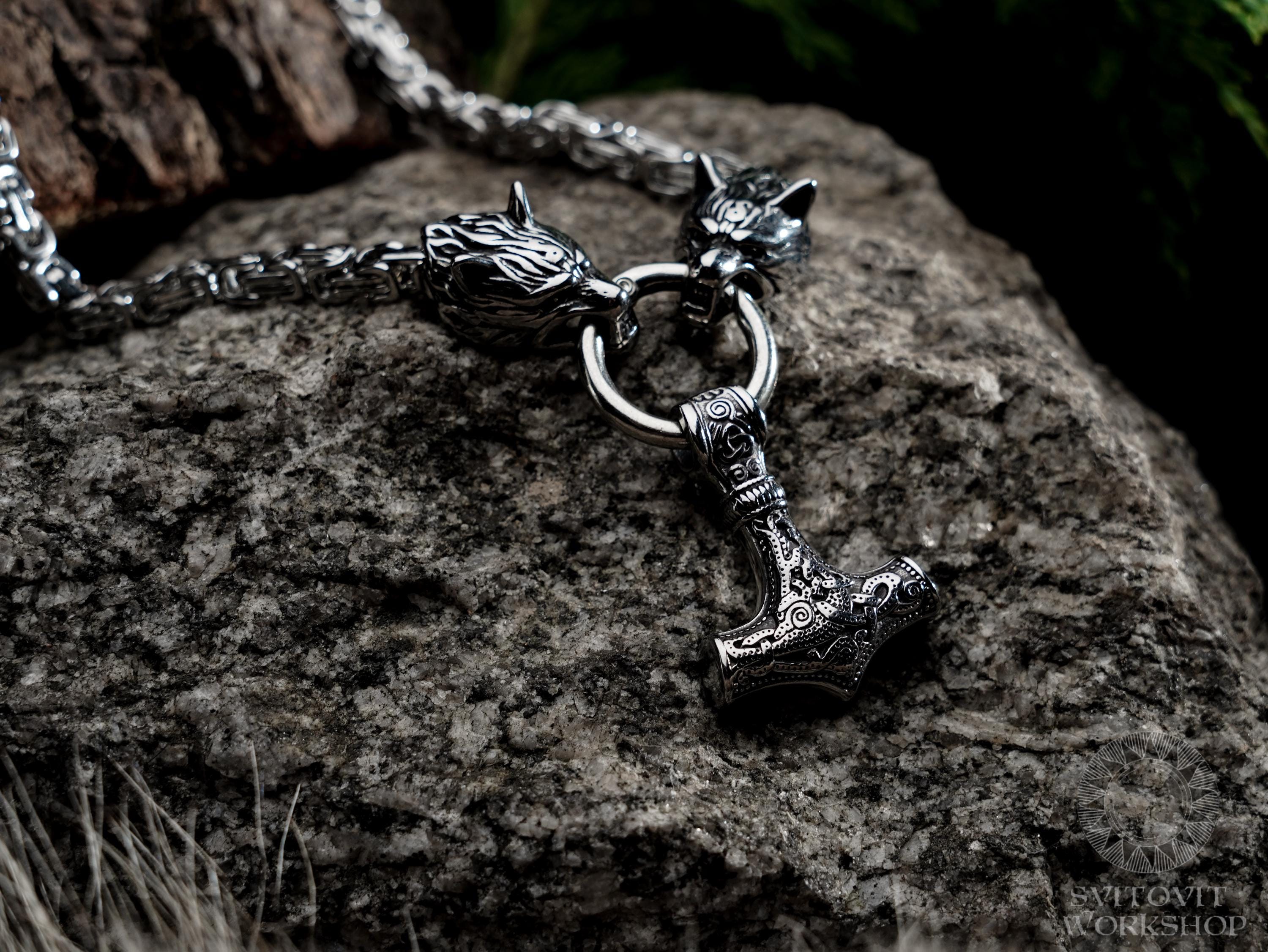 Viking Thor's Hammer Necklace - Mjolnir Necklace, Wolf Chain, Fenrir Amulet, Handmade Viking