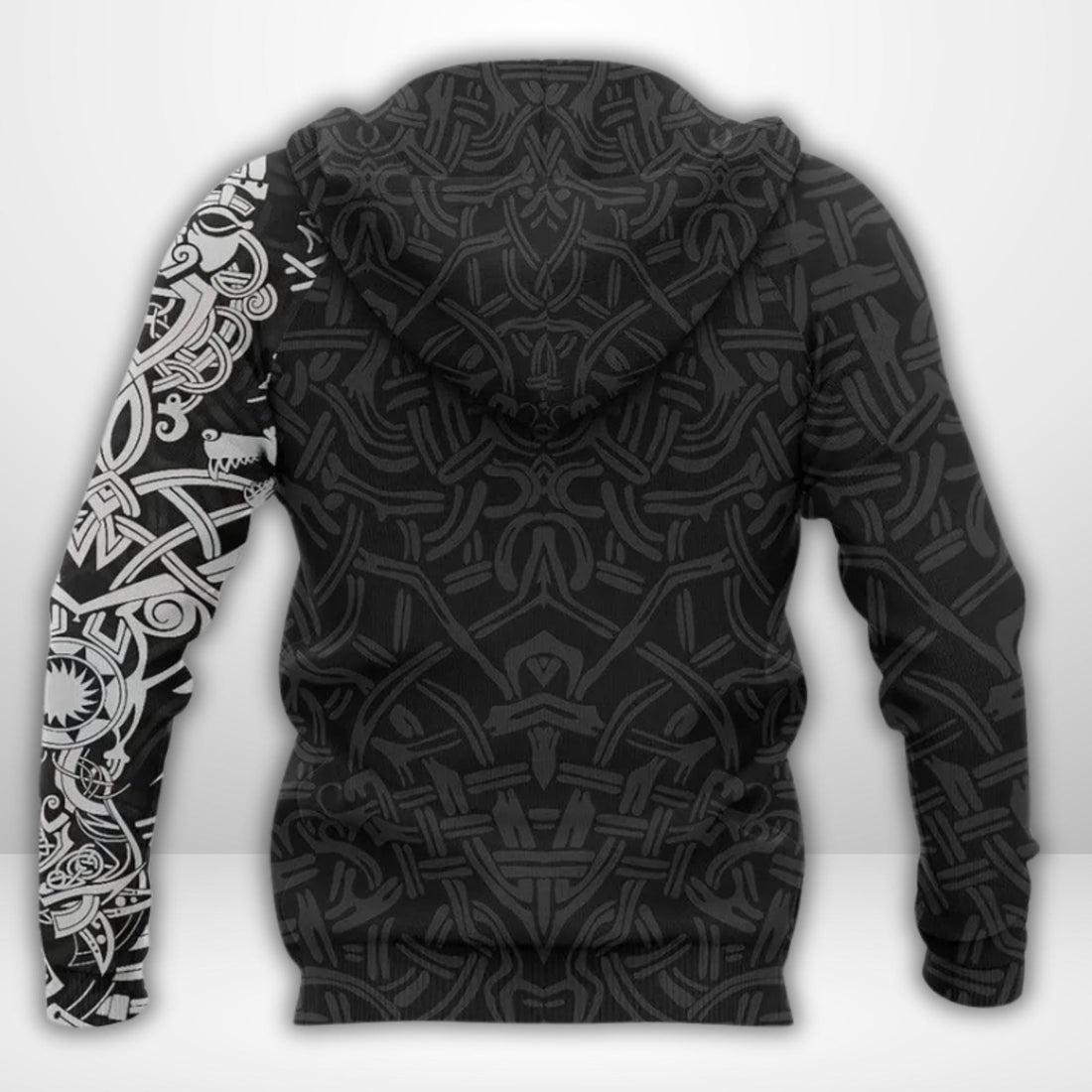 Viking Wolf Hoodie Norse Mythology Knotwork Rune Pattern Warrior Pullover
