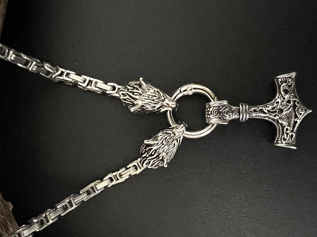 Viking Thor's Hammer Necklace - Viking Stainless Steel Hammer Pendant Necklace, Wolf Head Norse