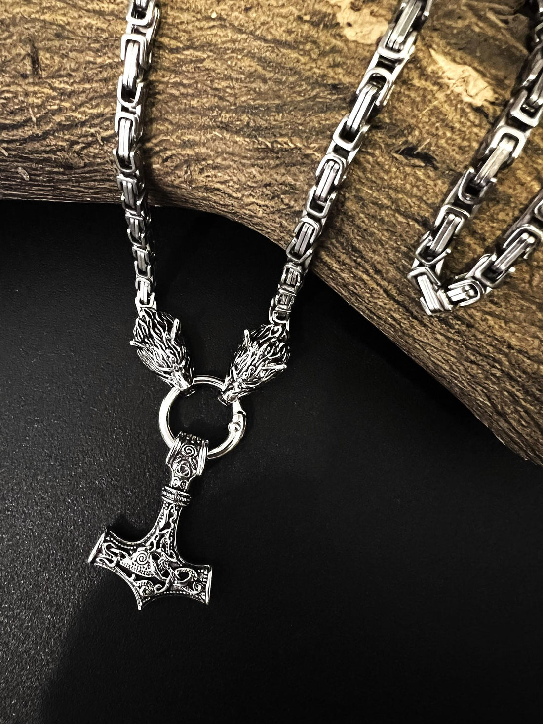 Viking Thor's Hammer Necklace - Viking Stainless Steel Hammer Pendant Necklace, Wolf Head Norse