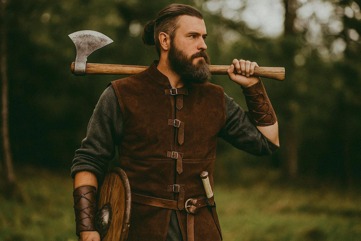 Viking T-Shirt - Green Viking tunic with leather details, Viking tunic for reenactment, LARP, and