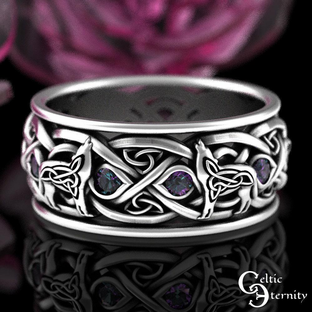 Viking Wolf Ring - Sterling Viking Wolf Solitaire Ring, Alexandrite Mated For Life Ring, Silver