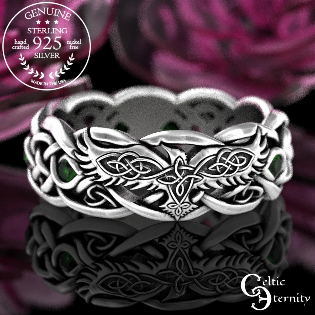 Viking Raven Ring - Sterling Silver Raven Ring, Celtic Knot Ring, Viking Raven Ring, Gothic Mens