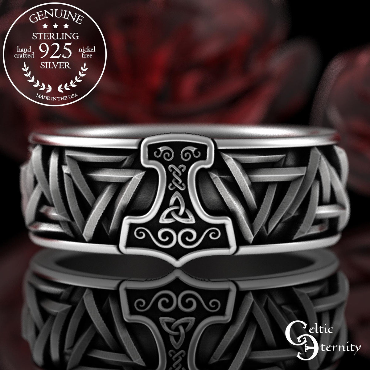 Viking Thor's Hammer Ring - Sterling Silver Hammer of Thor Ring, Viking Mjolnir Band, Norse