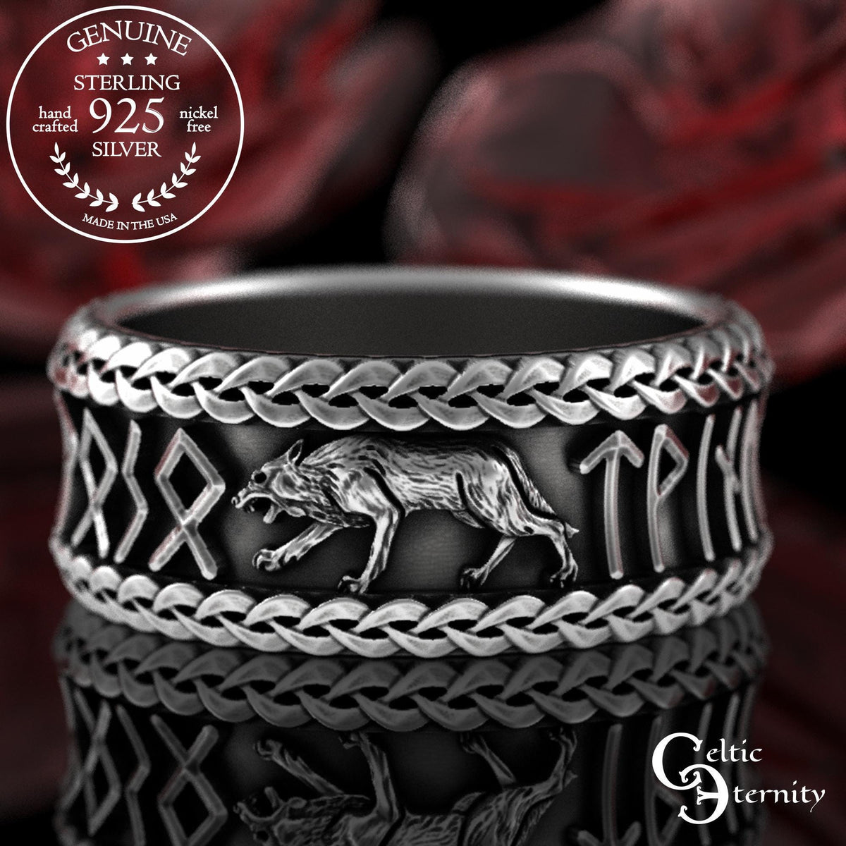 Viking Odin Ring - Sterling Viking Wolf with Runes Ring, Mens Wide Norse Wedding Ring, Braided Odin