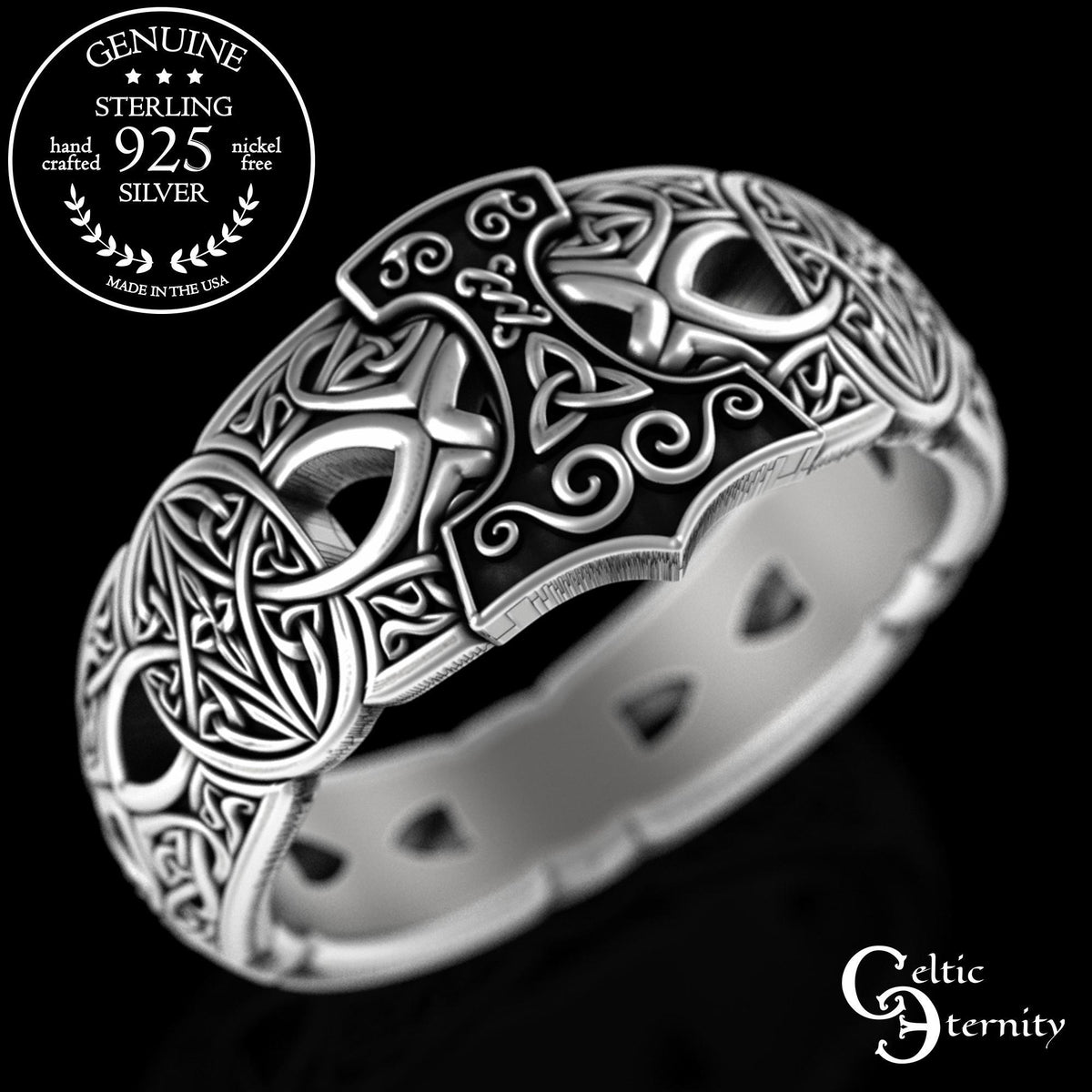 Viking Thor's Hammer Ring - Sterling Silver Hammer of Thor Ring, Viking Mjolnir Band, Norse