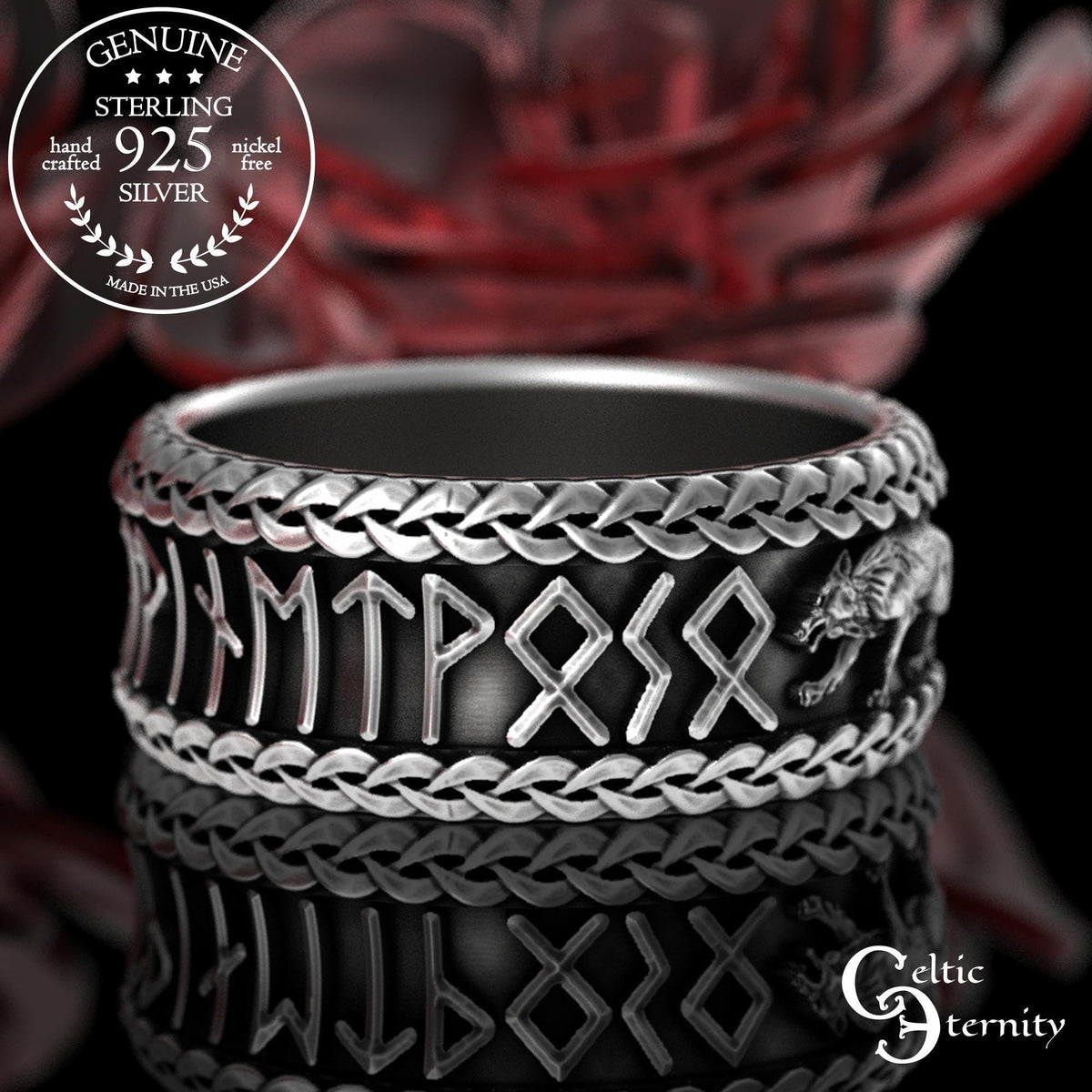 Viking Odin Ring - Sterling Viking Wolf with Runes Ring, Mens Wide Norse Wedding Ring, Braided Odin