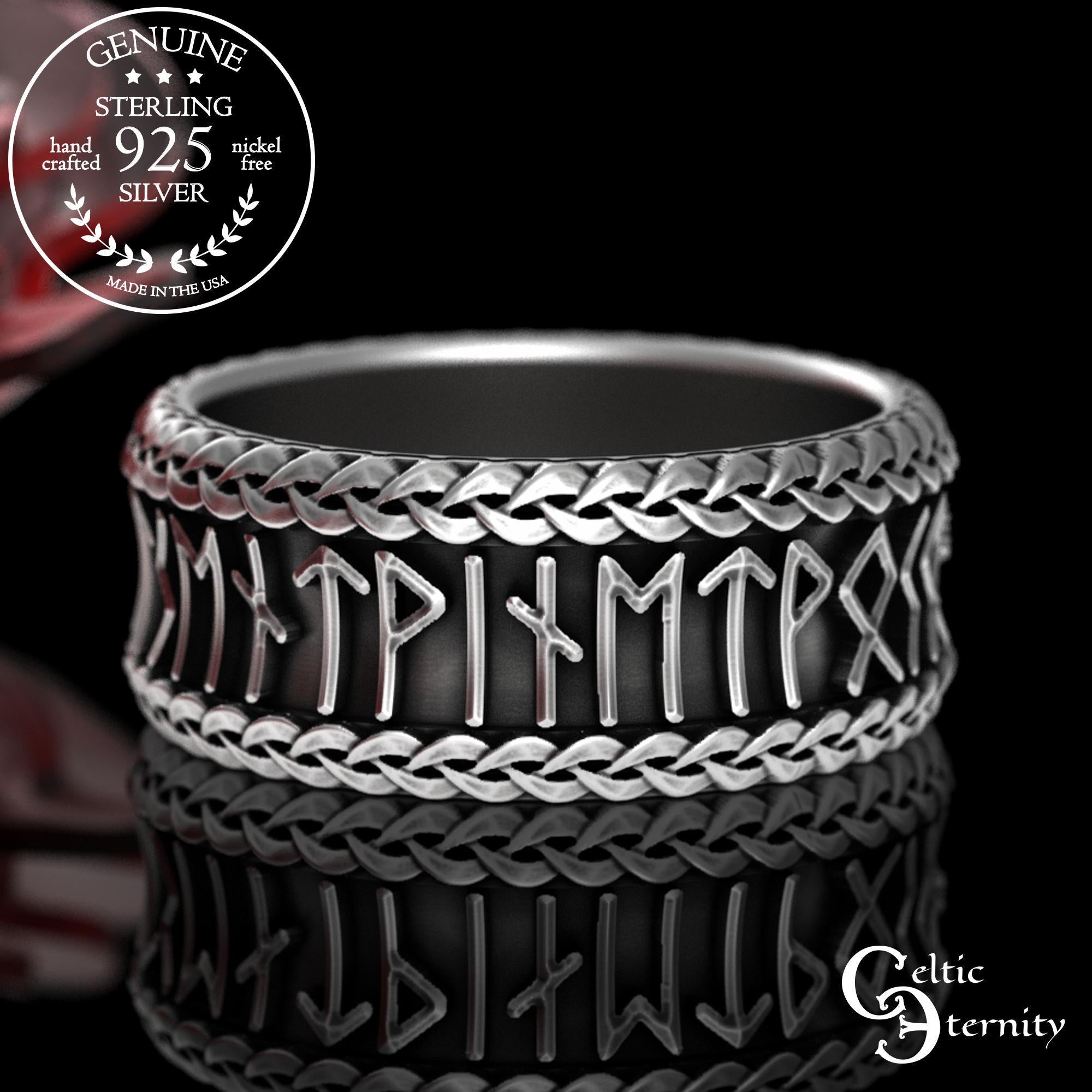 Viking Odin Ring - Sterling Viking Wolf with Runes Ring, Mens Wide Norse Wedding Ring, Braided Odin