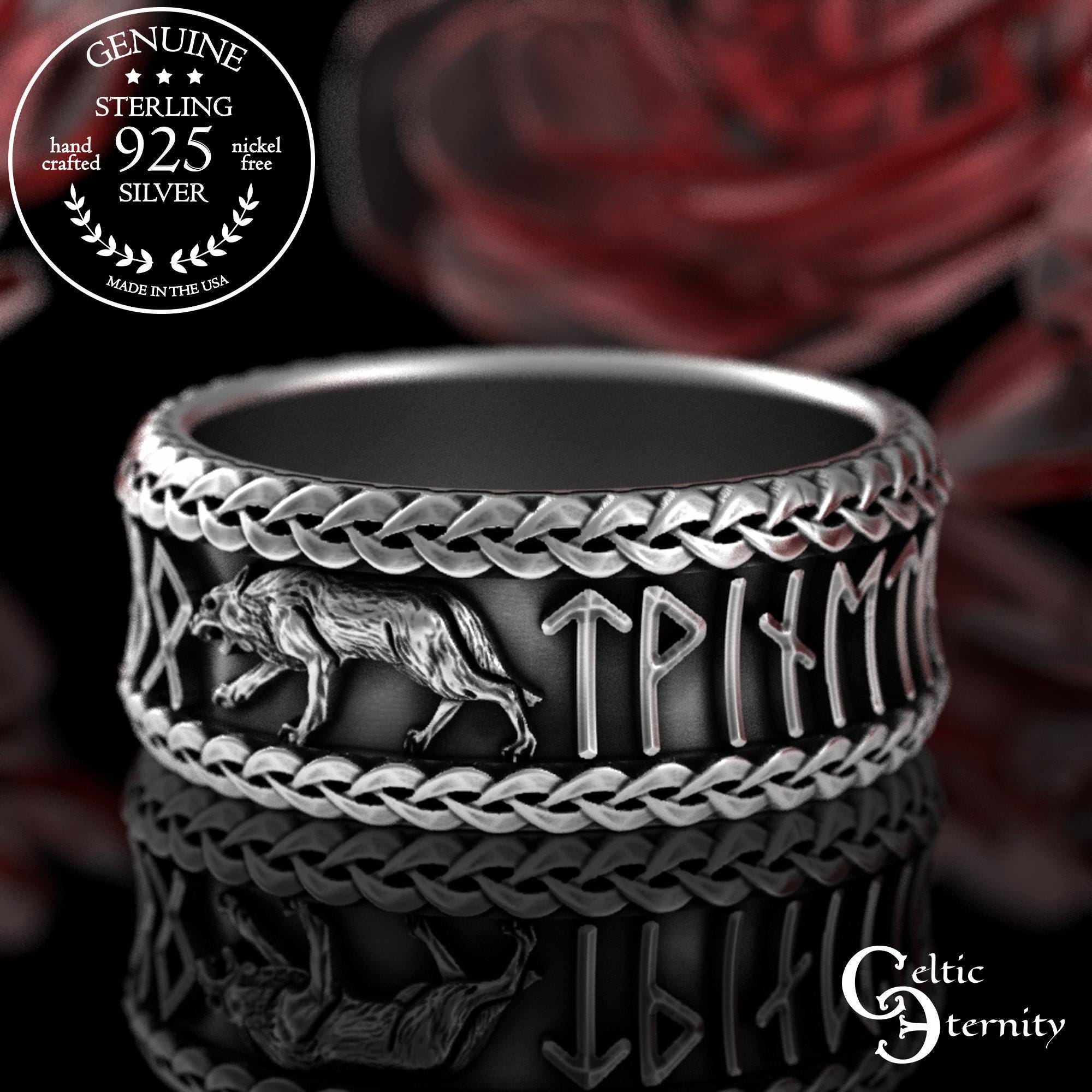Viking Odin Ring - Sterling Viking Wolf with Runes Ring, Mens Wide Norse Wedding Ring, Braided Odin