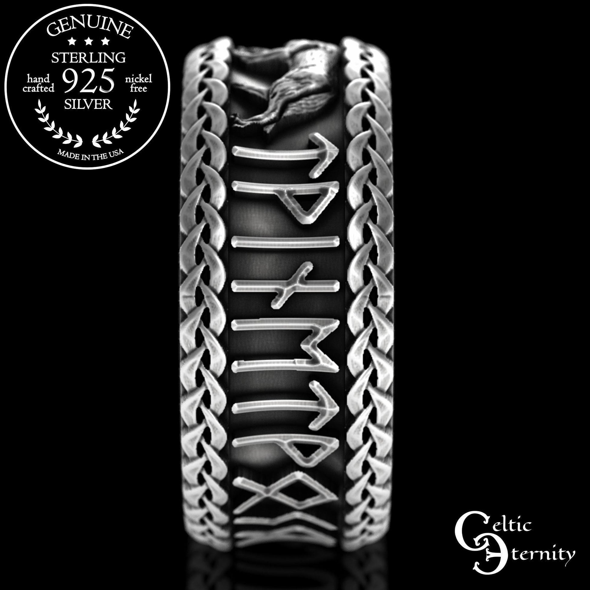 Viking Odin Ring - Sterling Viking Wolf with Runes Ring, Mens Wide Norse Wedding Ring, Braided Odin