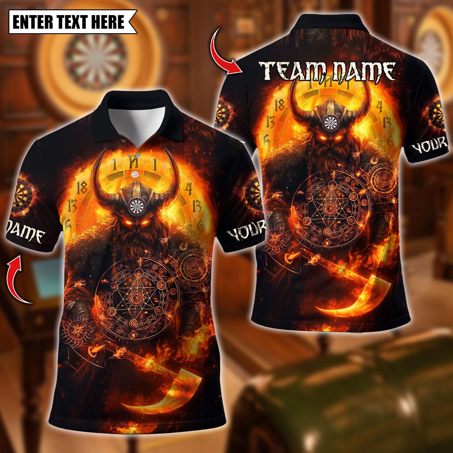 Viking T-Shirt - Personalized Name Dart Polo Shirt, Viking Fire Warrior Darts Design, Custom Team