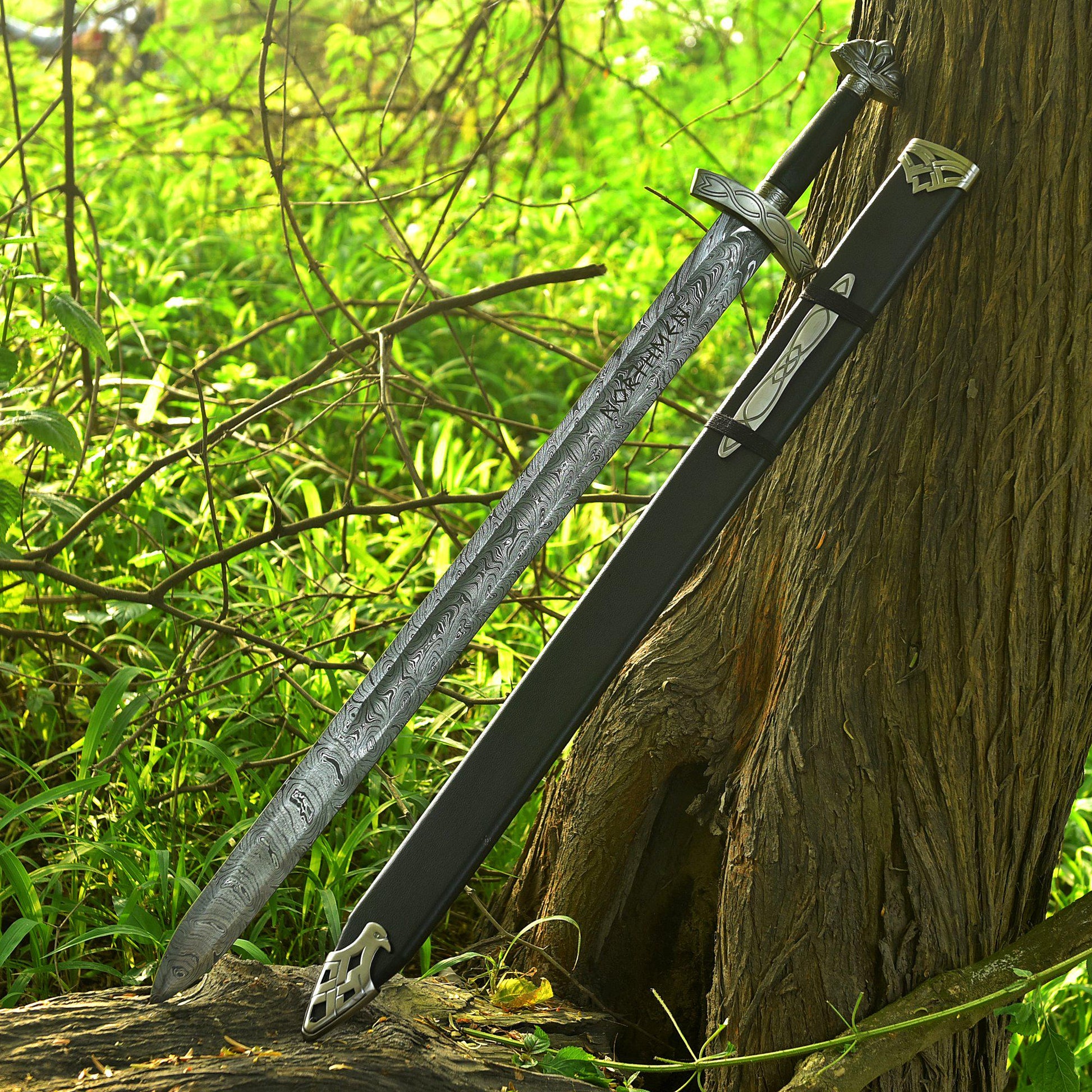 Viking Costume & LARP - 36” Damascus Northmen Sword with Scabbard, Handmade Collectible Medieval