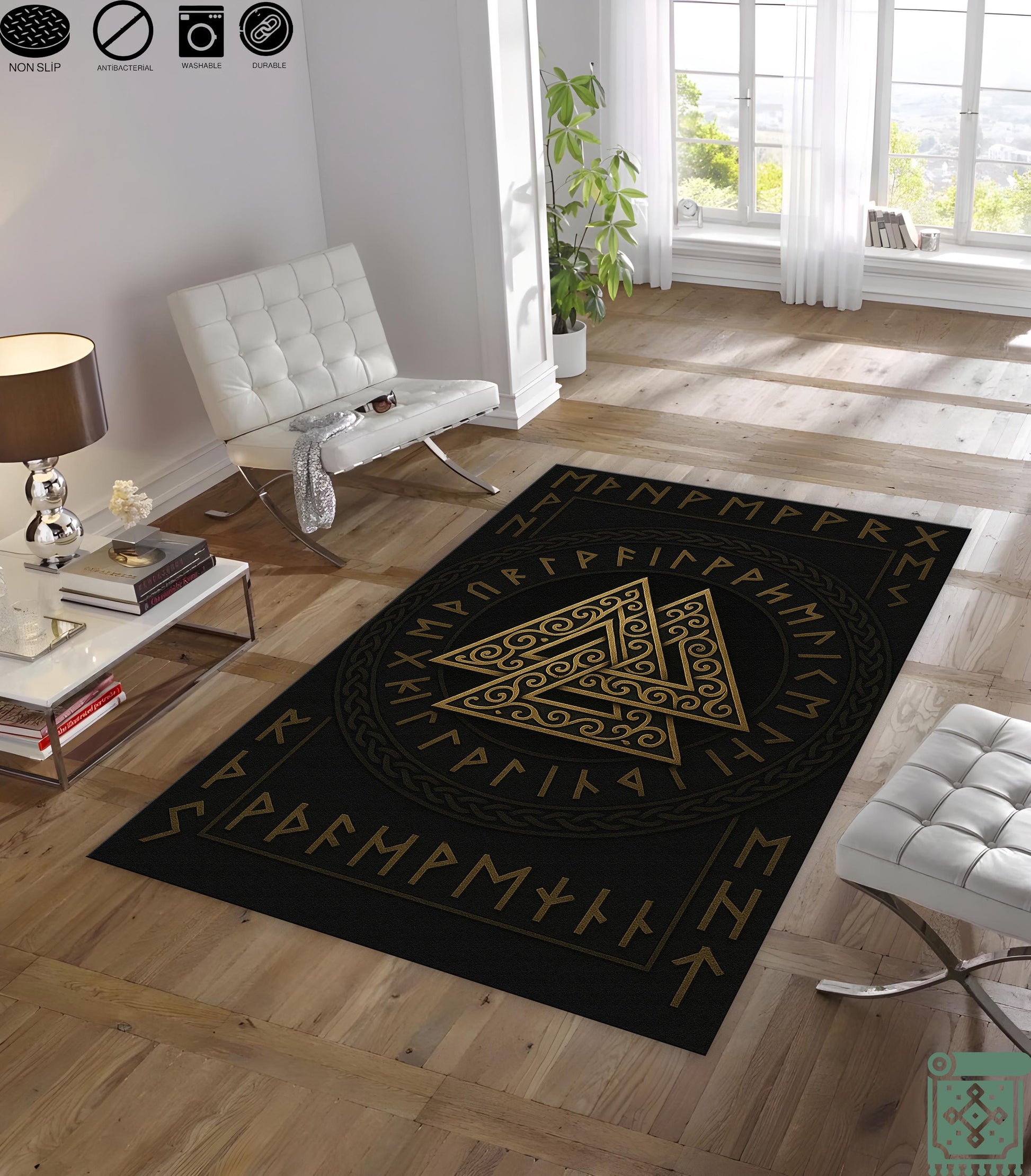 Viking Valknut Rug - Viking Decor Area Rug, Valknut Norse Pagan Rug, Scandinavian Design Carpet