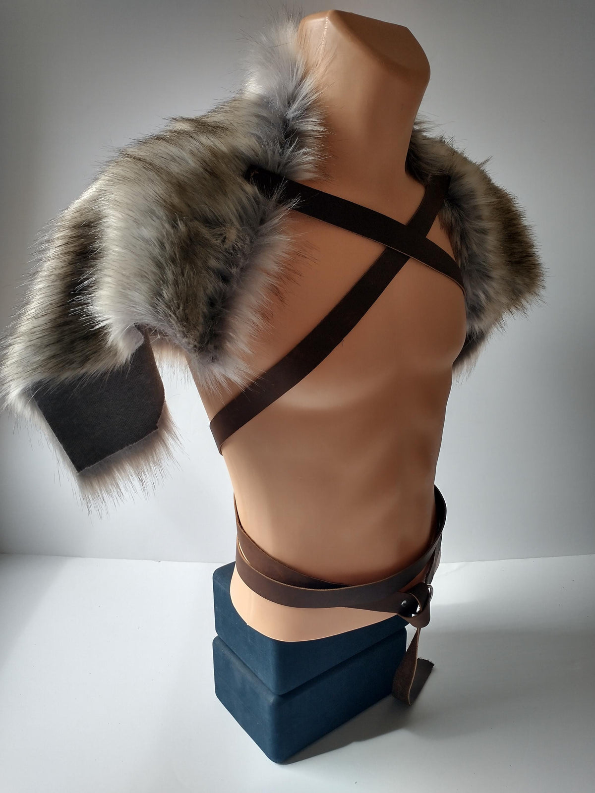 Viking Wolf Jacket - Stonewolf Grey Fur Shoulder Wrap with Leather Chest Straps, Imitation Fur Pelt