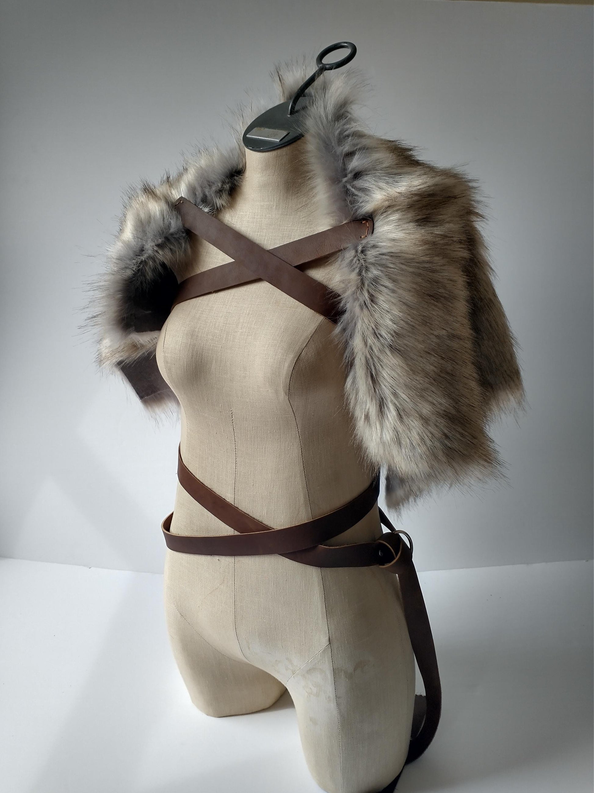 Viking Wolf Jacket - Stonewolf Grey Fur Shoulder Wrap with Leather Chest Straps, Imitation Fur Pelt
