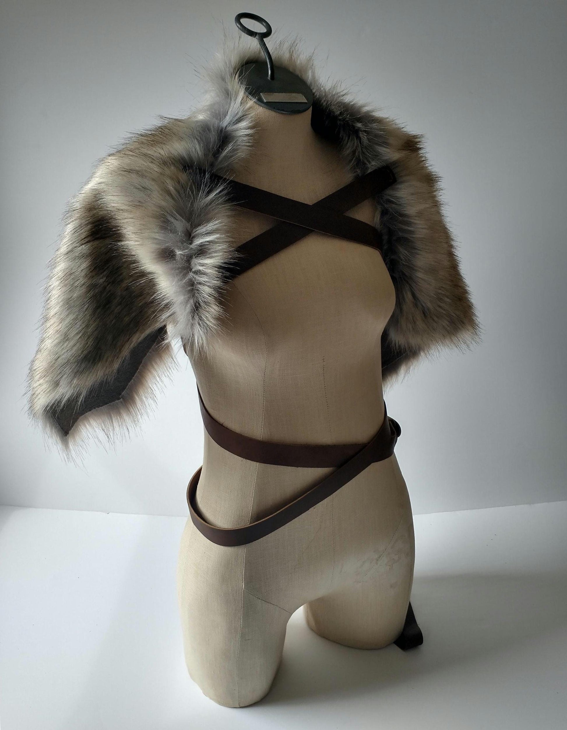 Viking Wolf Jacket - Stonewolf Grey Fur Shoulder Wrap with Leather Chest Straps, Imitation Fur Pelt