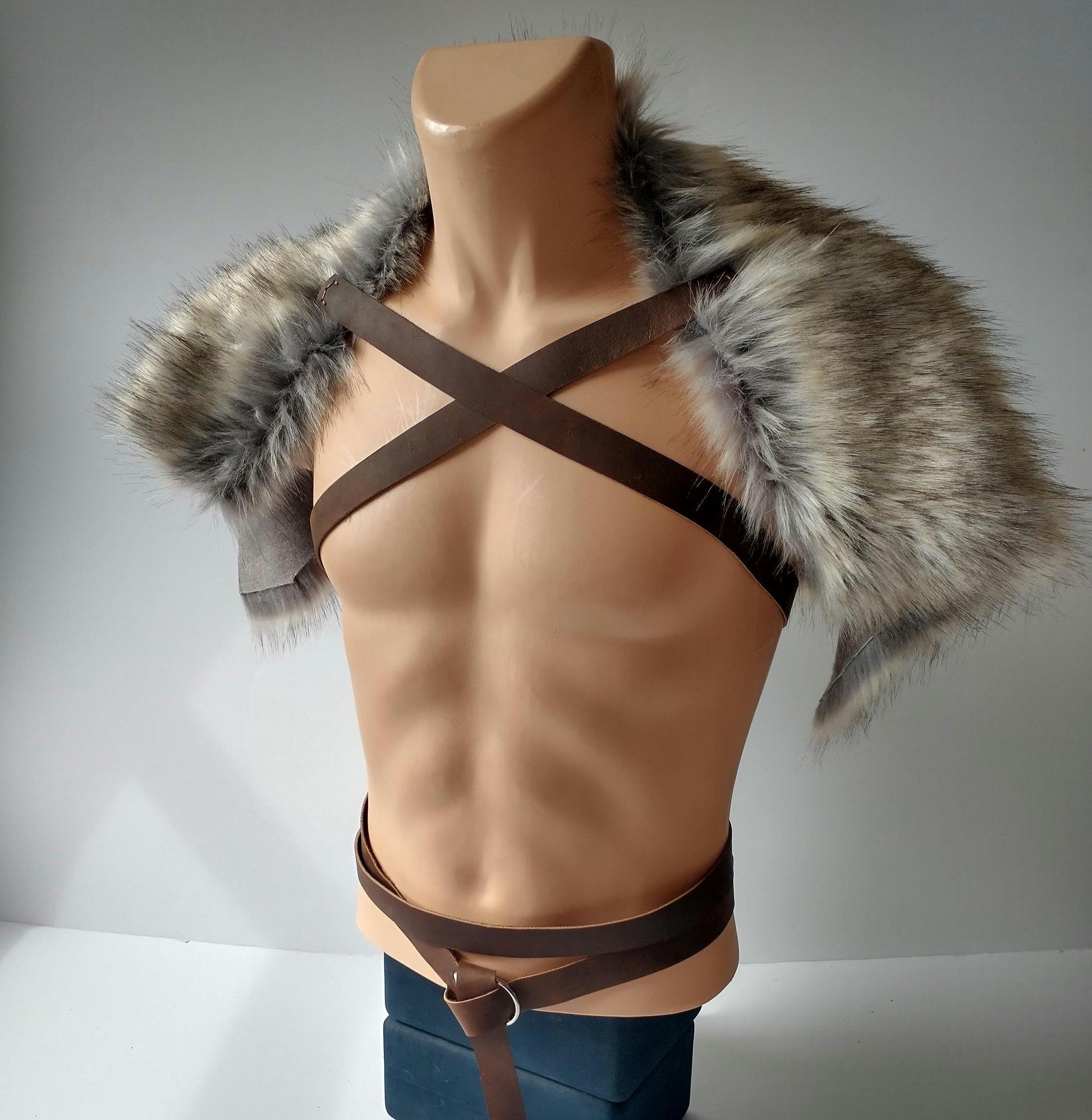 Viking Wolf Jacket - Stonewolf Grey Fur Shoulder Wrap with Leather Chest Straps, Imitation Fur Pelt