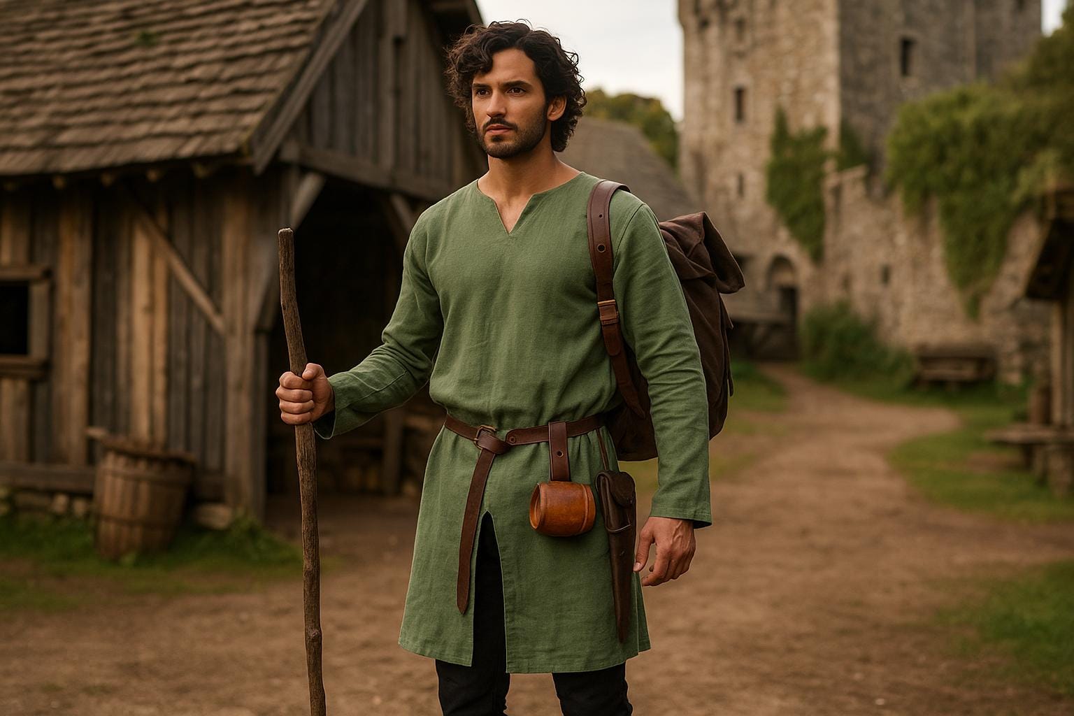 Viking T-Shirt - Green Viking tunic with leather details, Viking tunic for reenactment, LARP, and