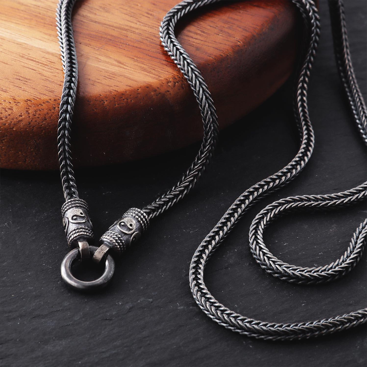 Viking Necklace - Mens Necklace Personalized 3mm Foxtail Chain Oxidized Sterling Silver Viking