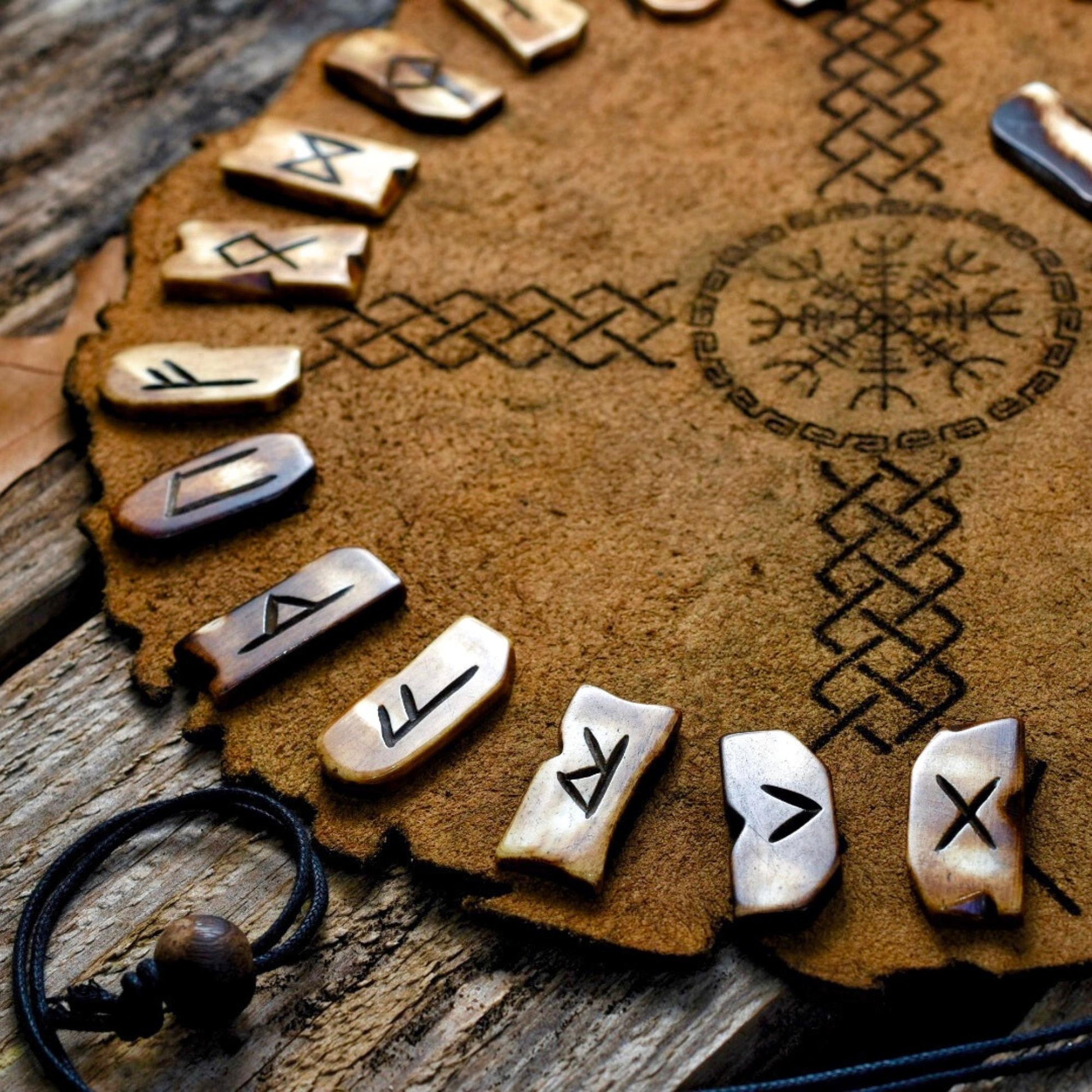 Viking Rune Home Decor - Handcrafted Viking Bone Rune Divination Kit with Leather Mat & Elder