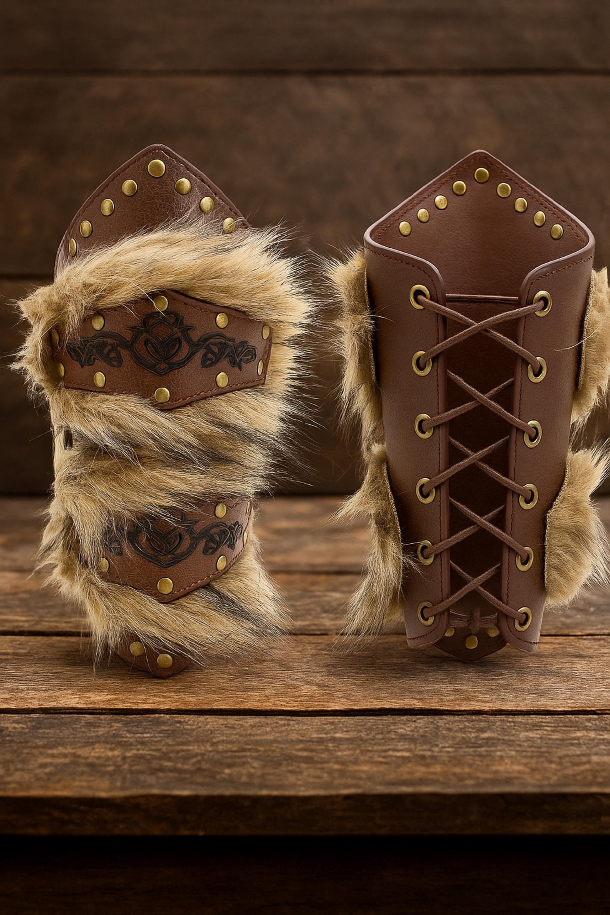 Viking Costume & LARP - 2pc Viking Fur Trim Bracers, Real Rabbit Fur Medieval Leather Arm Warmers