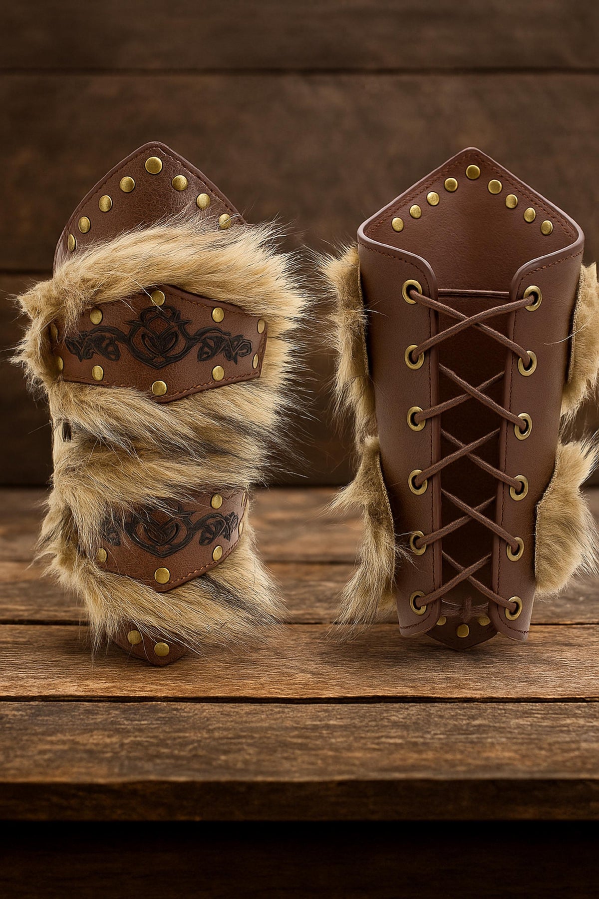 Viking Costume & LARP - 2pc Viking Fur Trim Bracers, Real Rabbit Fur Medieval Leather Arm Warmers
