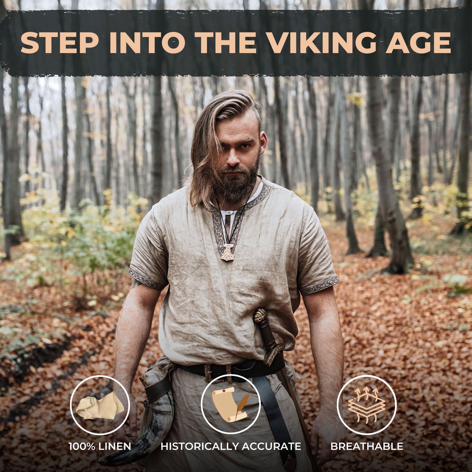 Viking T-Shirt - Loom-Woven Linen Viking Tunic: Norse Reenactment Attire - Long-sleeve and